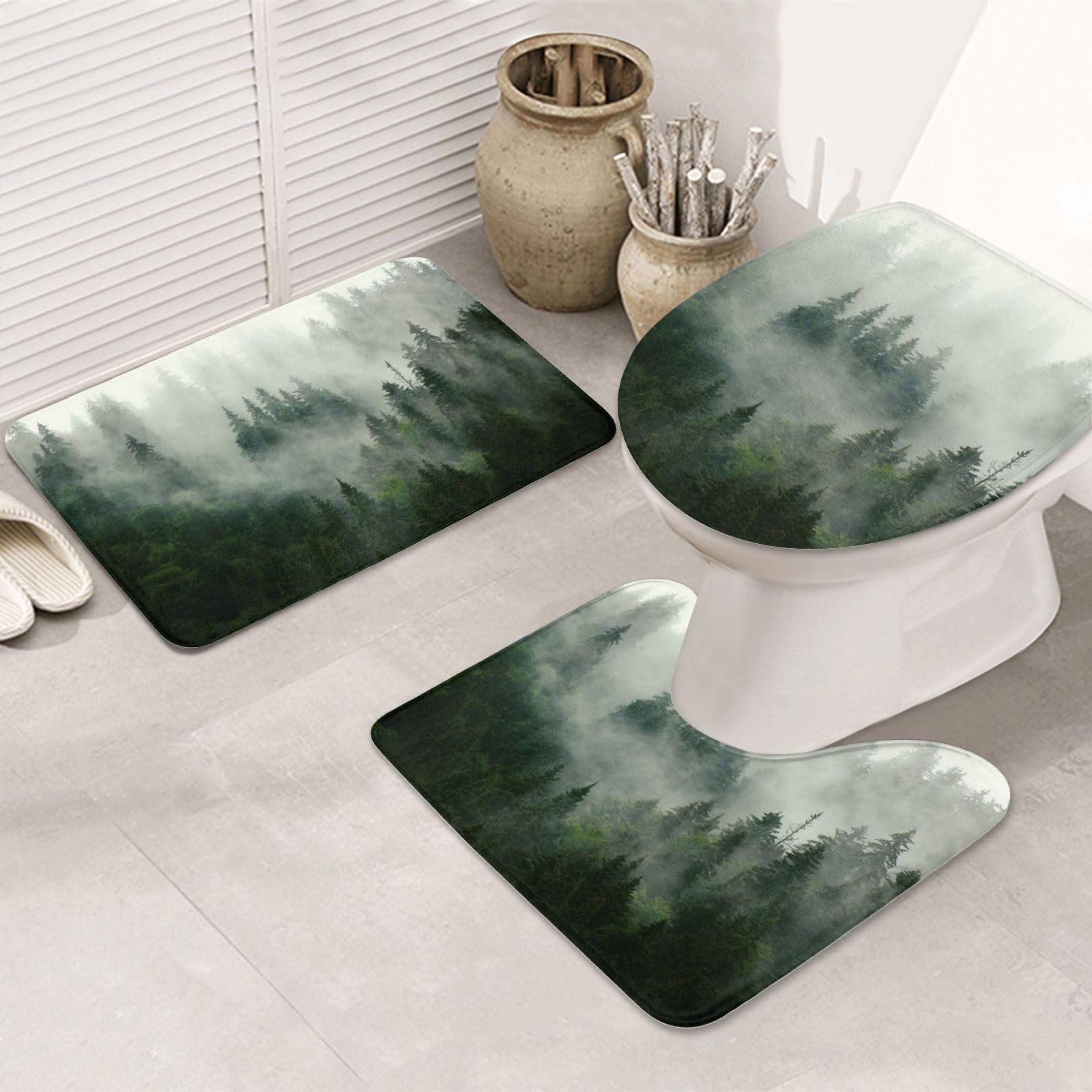 Tapis de bain absorbants et antidérapants OUSIKA vert ensemble 3 pièces forme U douche