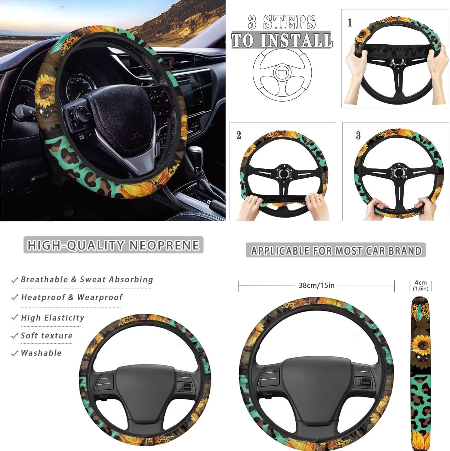 Leopard Sunflower Print Car Seat Cover Full Set,Steering Wheel Cover Armrest Cover Seatbelt Car Coasters Lip Holder with Keychains,Universal Auto Interior Accessories