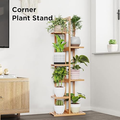 Miniatura 10 de Soporte alto para plantas, soporte de bambú para interiores y exteriores, 6 niveles y 7 macetas para múltiples plantas y macetas, soporte