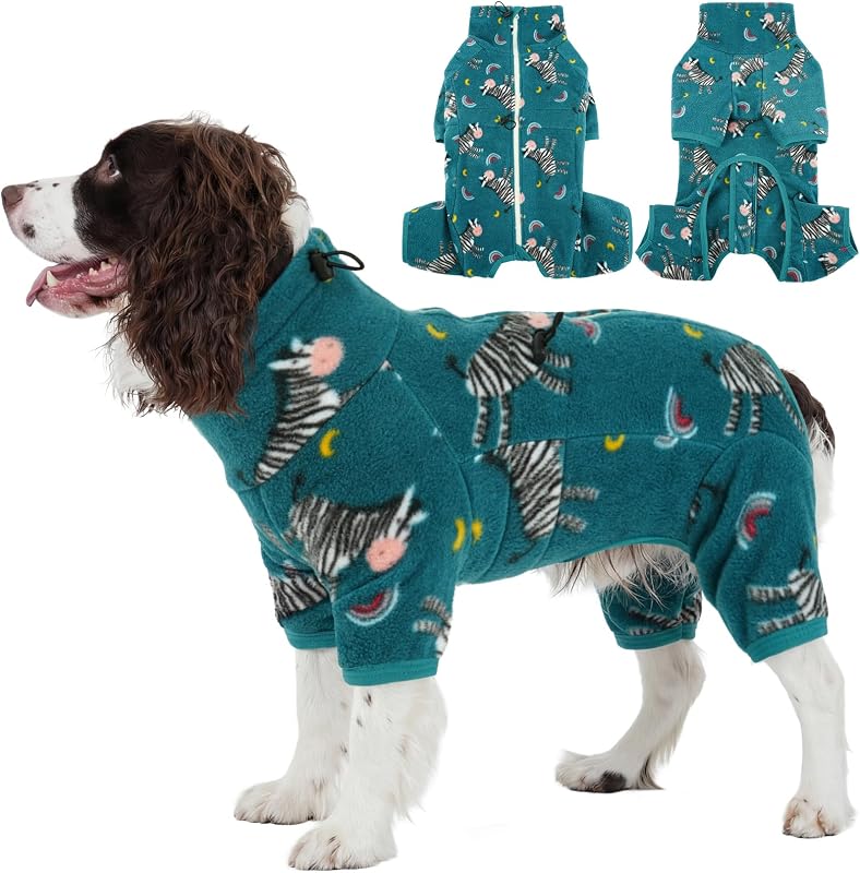 ROZKITCH Pijamas para perros de razas grandes, pijamas de forro polar suave, campera para clima frío, resistente al viento, chaleco con cremallera reflectante, mono, ropa para perro mediano, cebra L