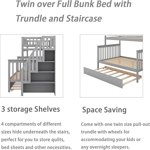 Miniatura 4 de Merax Litera de escalera individual sobre matrimonial con nido, escalera de almacenamiento y barandilla de longitud completa, litera de