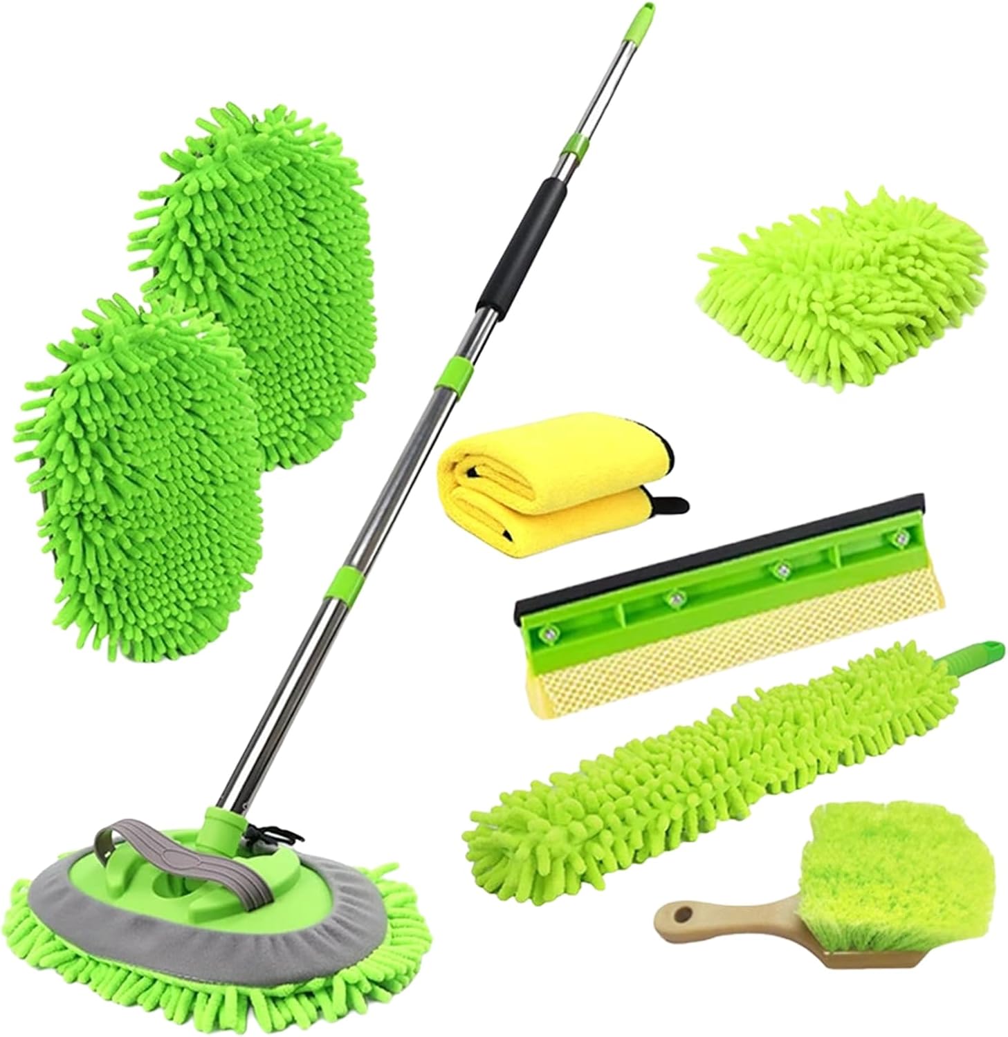 62'' Car Wash Brush Kit - Mitt, Mop, Sponge & Long Handle, Scratch-Free Chenille Replacement Head, Wheel Tire Brush, Car Detailing Kit for Cars, RV, Truck