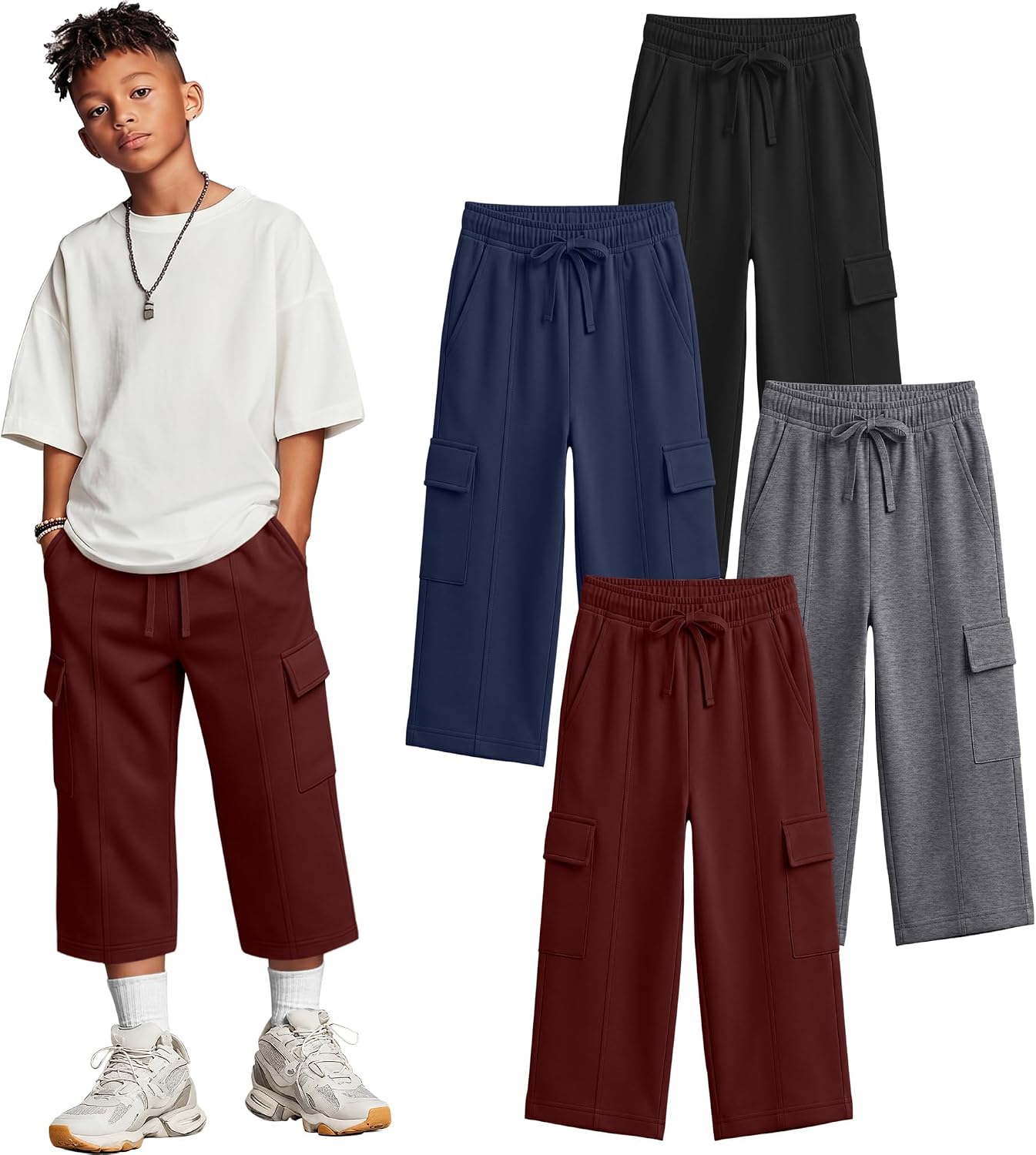 Oakgarden 4 Pack Boys Cargo Capri Pants Kids Baggy 3/4 Sweatpants Teen Casual Straight Leg Pant with Pocket Back to School