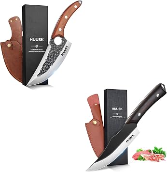Huusk Knife Japan Kitchen Upgraded Viking Knives with Sheath Hand Forged Butcher for Meat Cutting Japanese Cooking Sharp Cleaver Chef and Outdoor Camping, BBQ