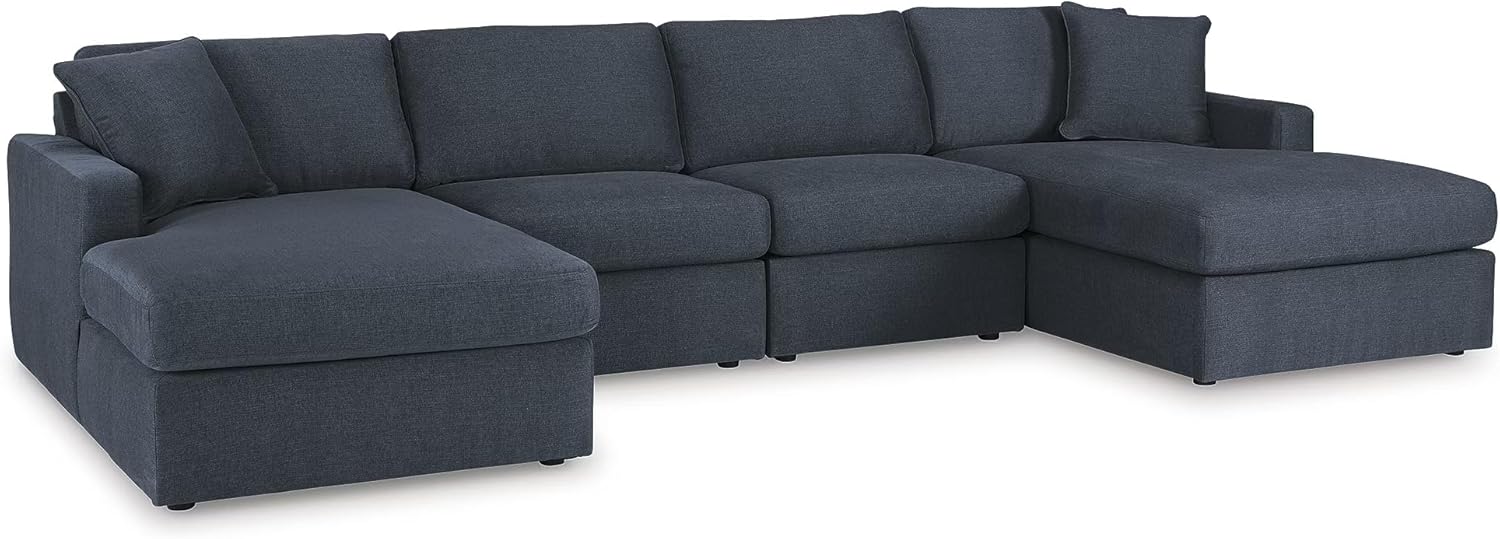 Signature Design by Ashley Modmax Stain Resistant Minimalist Modular Anti Sag 4-Piece Double Chaise Sectional with Loose Reversible Cushions and 2 Accent Pillows, Blue