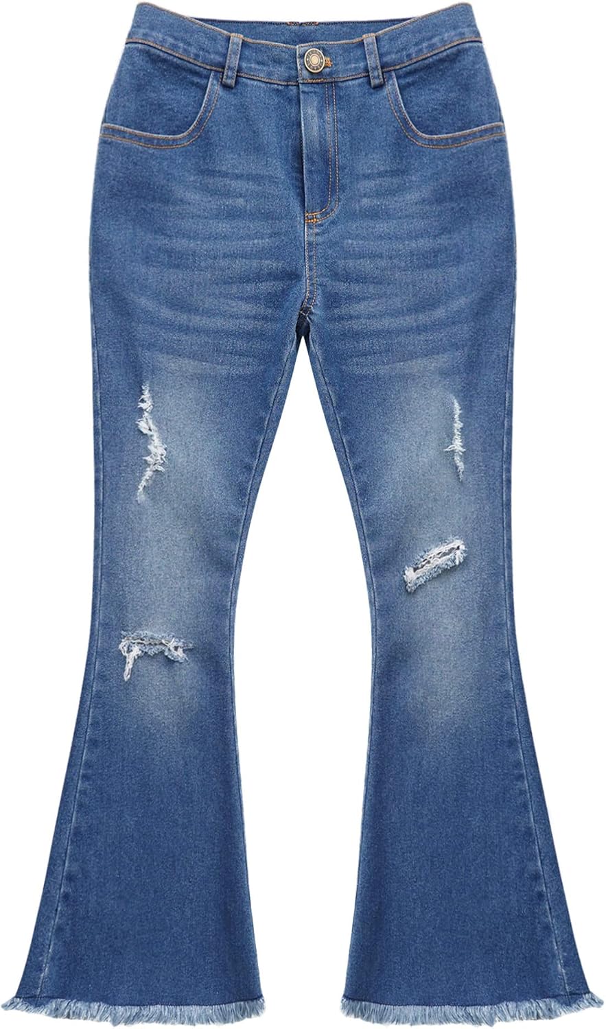 CHICTRY Girls Bell Bottom Jeans Casual Ribbed Flare Jeans Elastic Waist Fitted Denim Long Pants