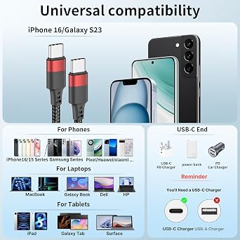 Short USB C to USB C Cable 20CM 2Pack, 60W PD Fast Charging Short USB C Cable Braided, 0.2M Type C to Type C Cord for iPhone 16 15 Samsung Galaxy S24 S23 S22 Note 20