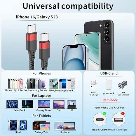 Short USB C to USB C Cable 20CM 2Pack, 60W PD Fast Charging Short USB C Cable Braided, 0.2M Type C to Type C Cord for iPhone 16 15 Samsung Galaxy S24 S23 S22 Note 20
