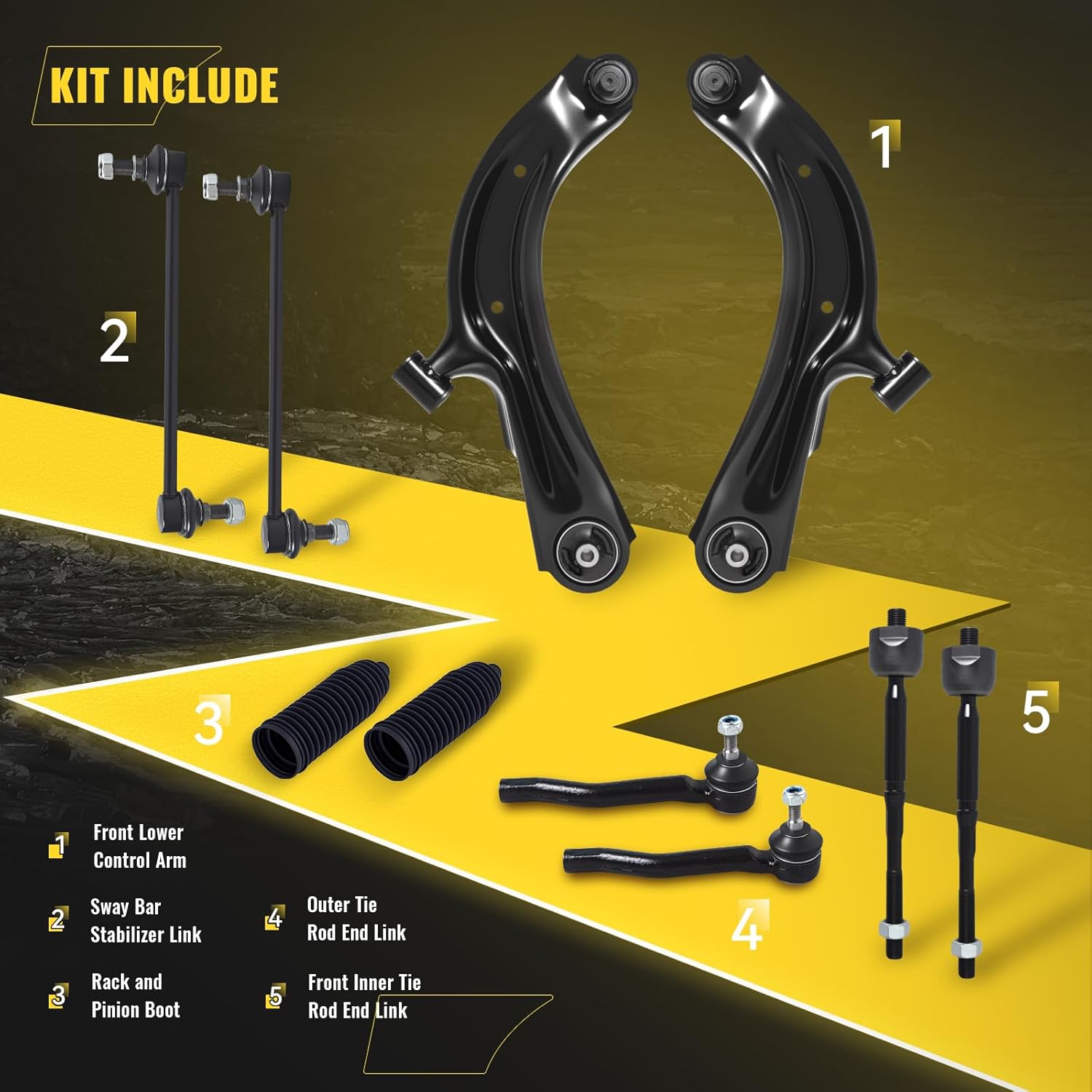 TUCAREST 10Pc Suspension Kit Fit For 2013-19 Ni-ssan Sentra 1.8L, 13-20 NV200, 2 Front Lower Control Arm w/Ball joint + 4 Outer Inner Tie Rod + 2 Sway Bar [# K622159 K622160 K750719 EV800951 ES800965]