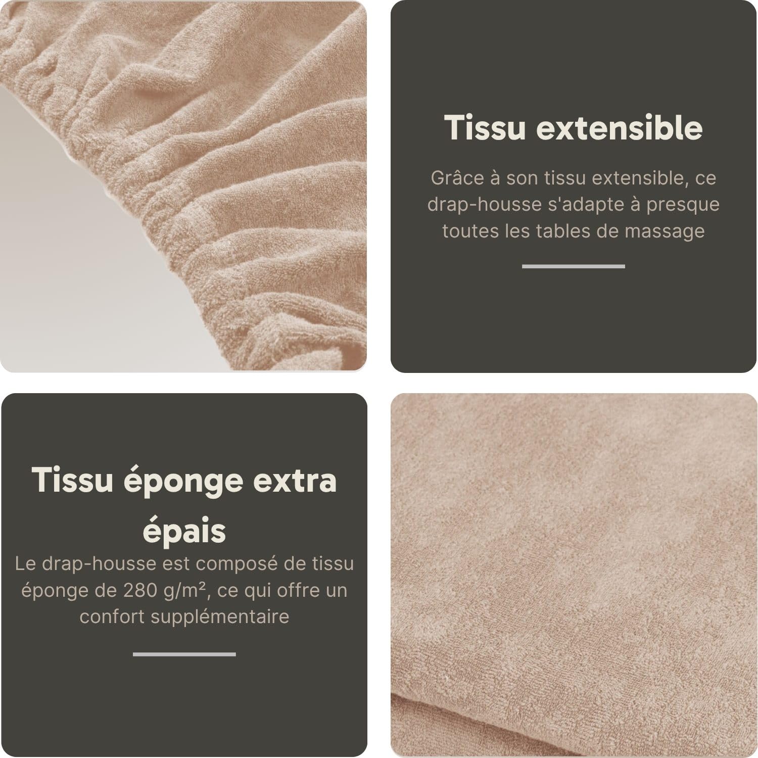 Housse pour table de massage avec trou visage Marron Clair | OEKO TEX 100 | 63cm x 71cm x 185cm - 192cm | Pour toutes tables de massage ou traitement