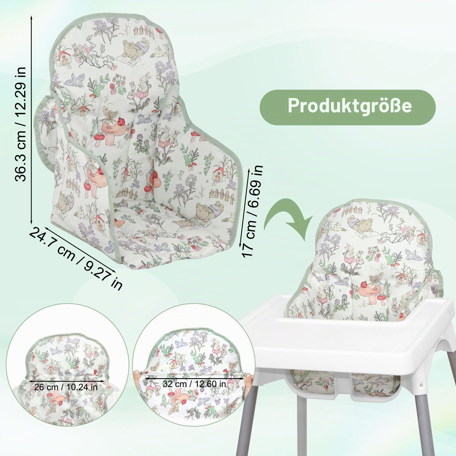 Für IKEA Hochstuhlkissen, für Antilop-Kissen, mit Stuhltasche, für IKEA Antilop Hochstuhl, Baumwolle, rutschfest, weich, Baby sitzen bequemer (Grüner Bär Wald Tiermuster)