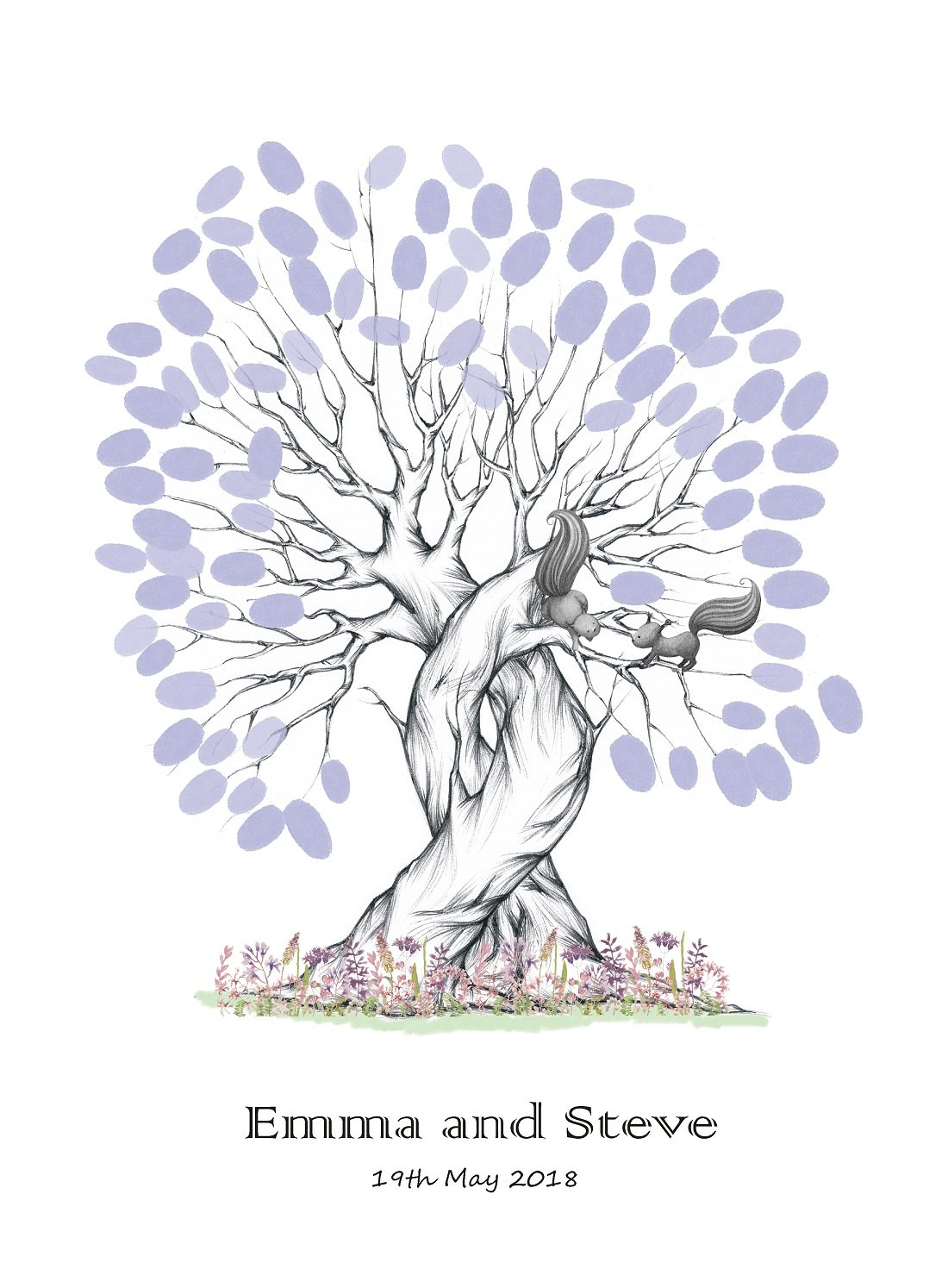 A3+ Squirrels Wedding Fingerprint Tree - Guest Book Alternative - Bride and Groom Keepsake