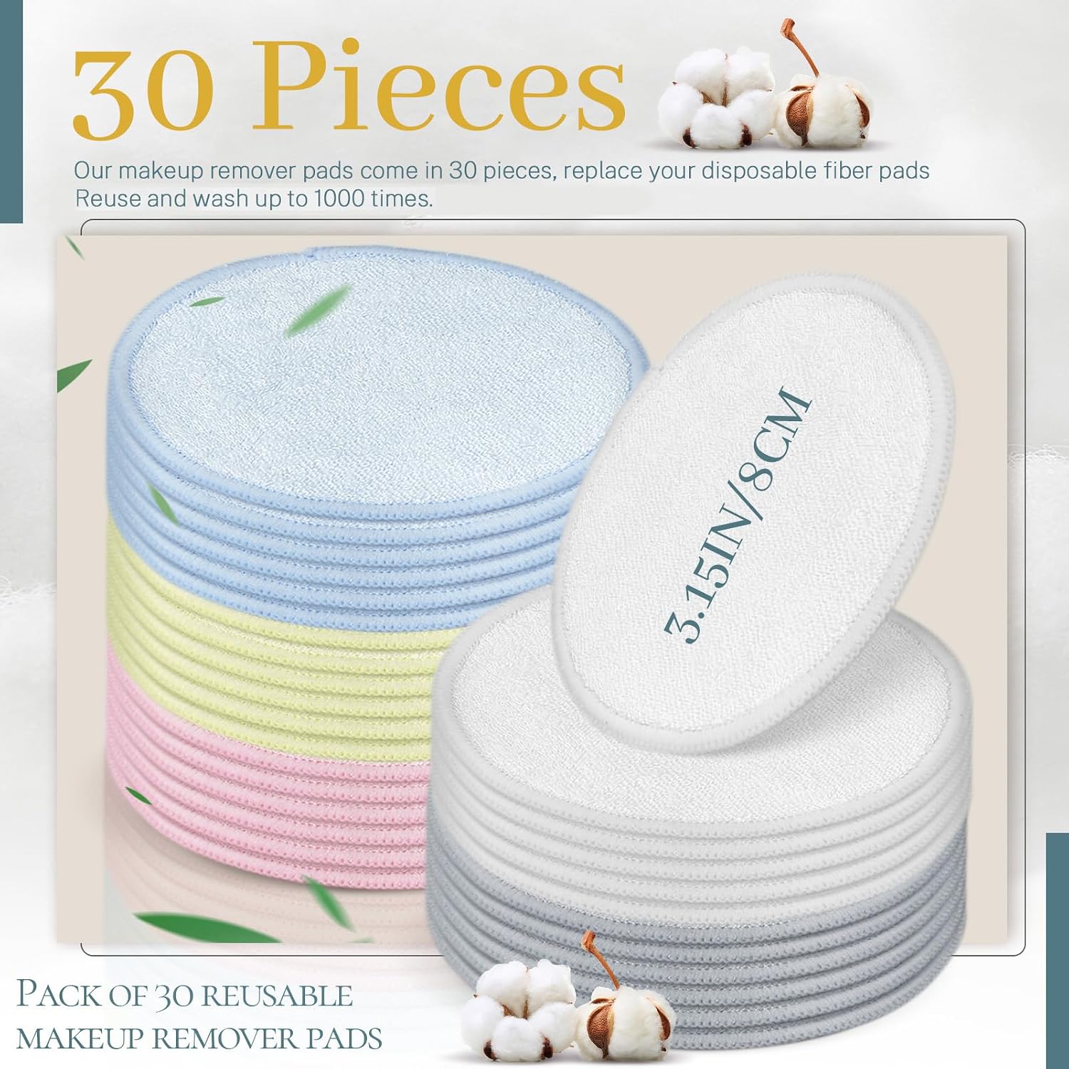 30 Pcs Natural Fiber Round Makeup Remover Pads, Washable Reusable Face Pads Cloth Rounds, Facial Cleansing Pads Wipes for All Skin Types Travel (5 Color)