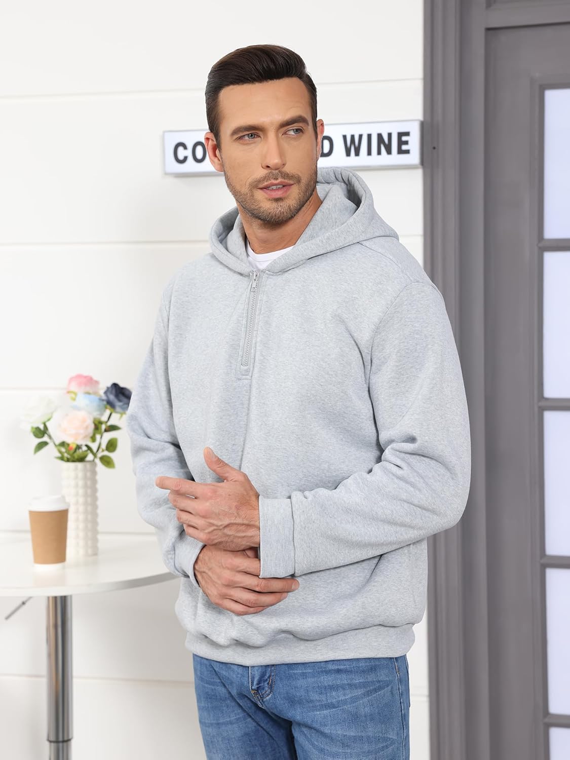 Men Quarter Zip Hoodie Fleece Lightweight Mens Half Zip Pullover Long Sleeve Drop Shoulder Hooded Sweatshirt - Image 5