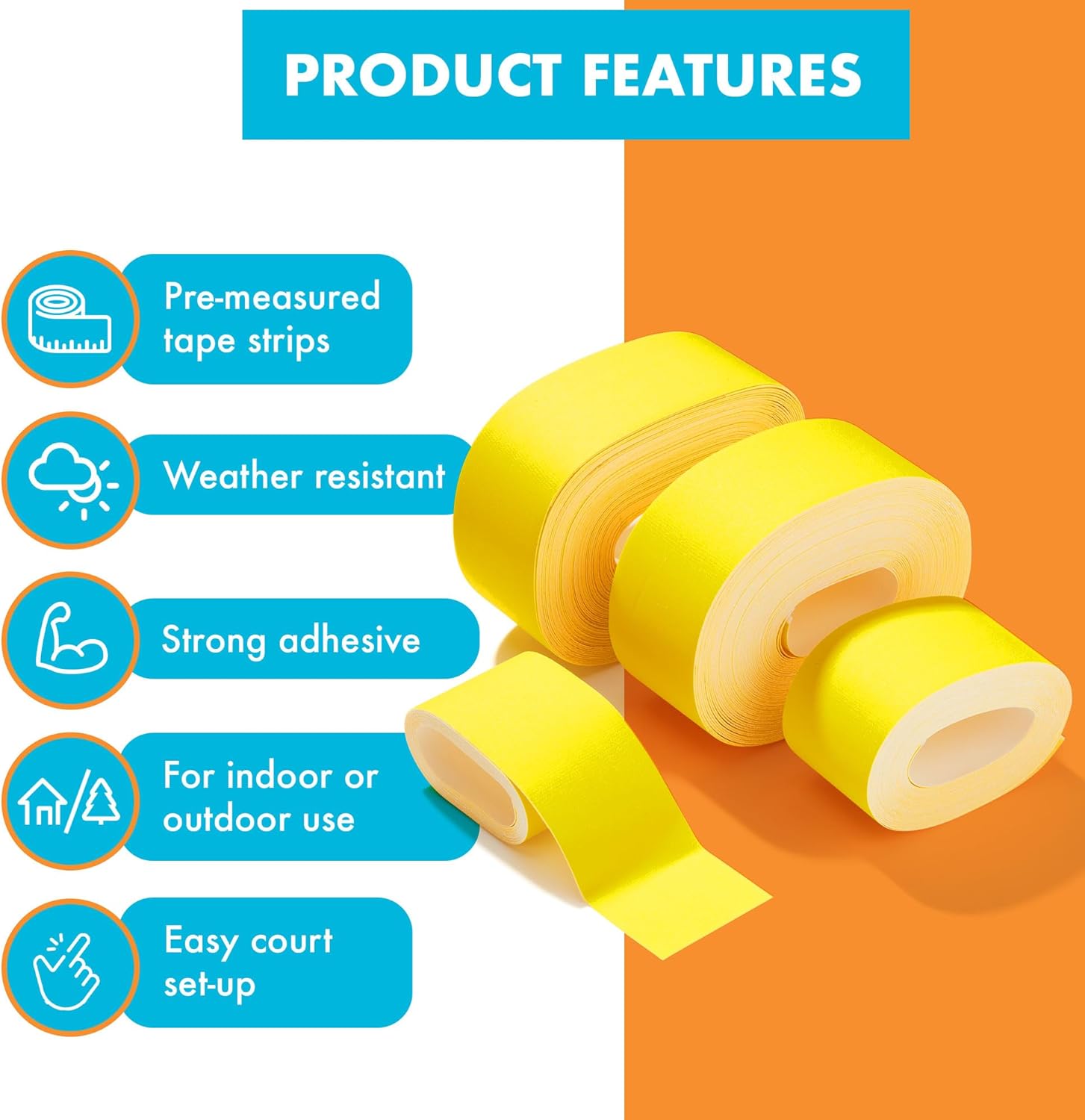 Pickleball Court Marking Kit | Pre-Measured Court Lines for Outdoor/Indoor Portable Pickleball Court | Tape Court Flooring | One Time Use