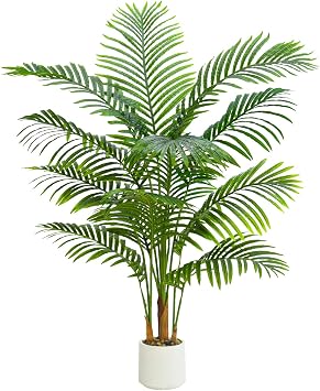 4FT Artificial Palm Tree, Fake Areca Tropical Palm Plants with White Pot | Large Artificial Silk Floor Plant with 13 Lifelike Leaves, Tall Faux Tree for Indoor Home Office Living Room Modern Decor