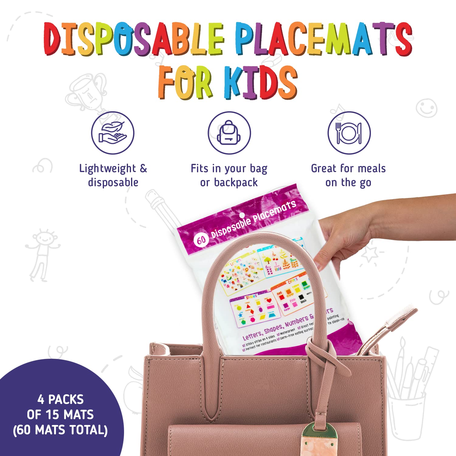 Merka Lot de 60 sets de table jetables pour bébés et tout-petits de 30,5 x 45,7 cm, autocollants pour restaurants, comprend des formes, des chiffres, des lettres et des couleurs