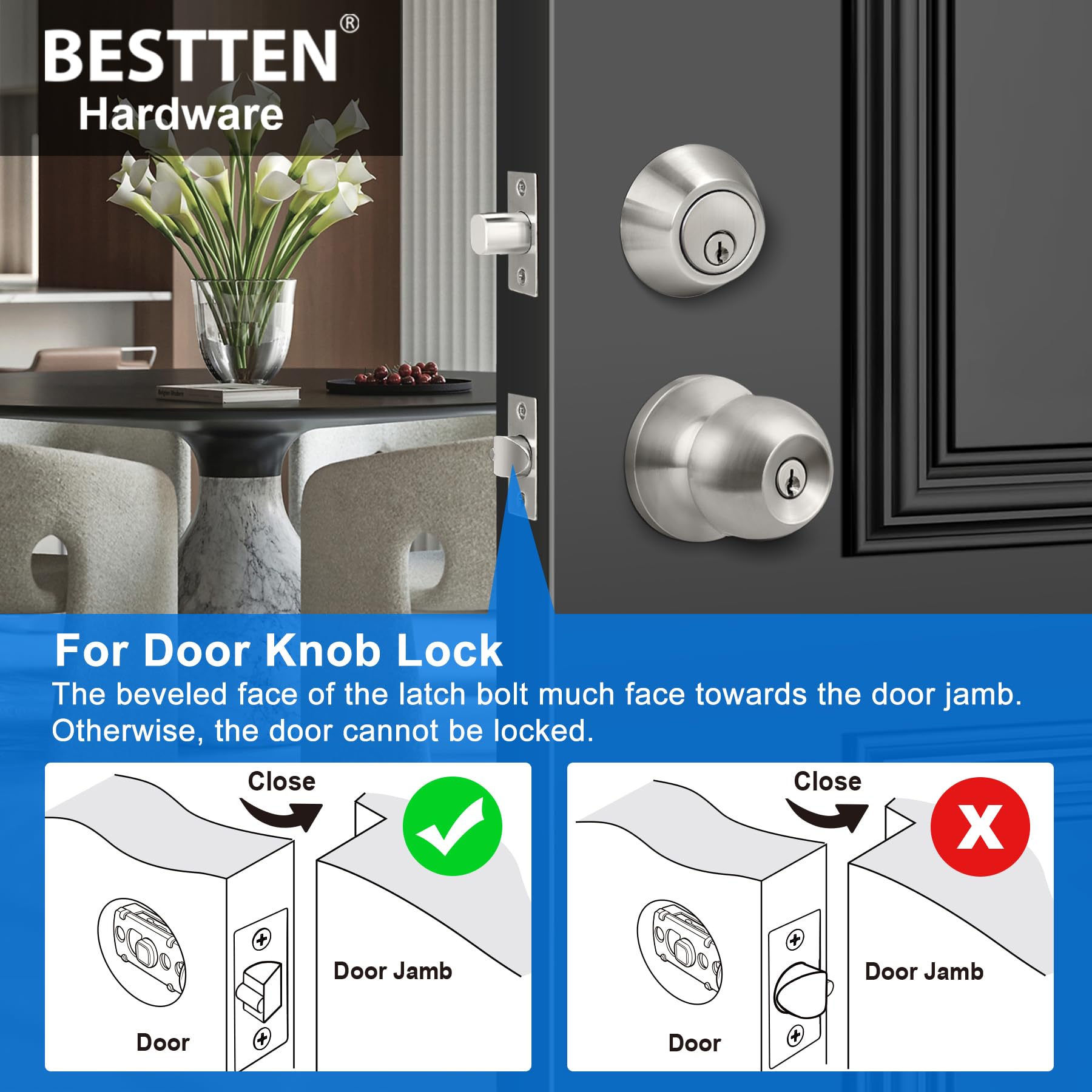 Satin Nickel Door Knobs - 2 Pack Keyed Locks & Deadbolts -5