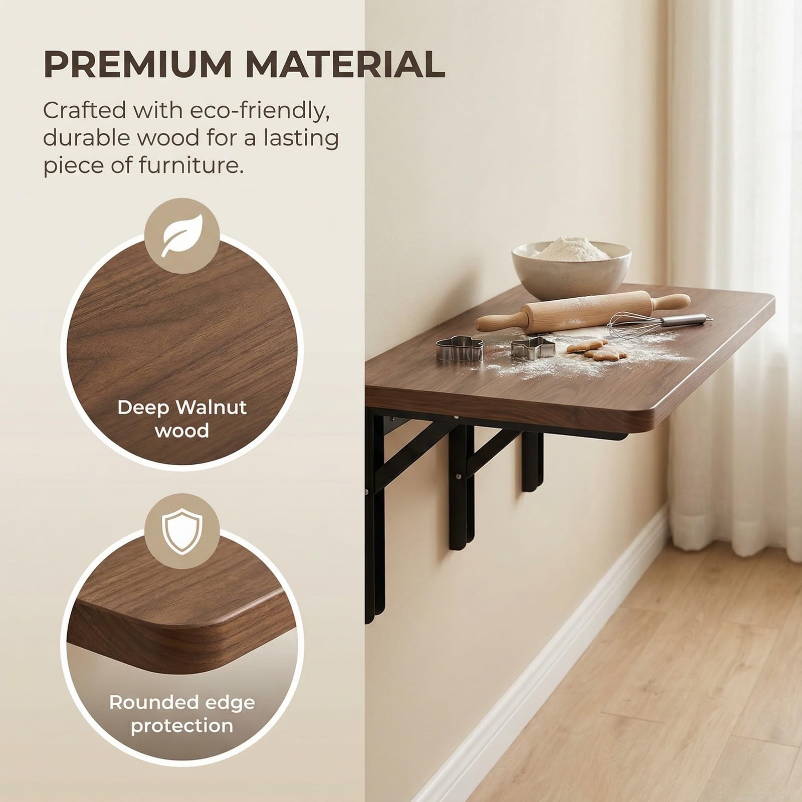 Mesa plegable montada en la pared, escritorio flotante de madera, estante plegable para espacios pequeños, mesa plegable con soportes plegables de metal para lavandería, oficina, cocina