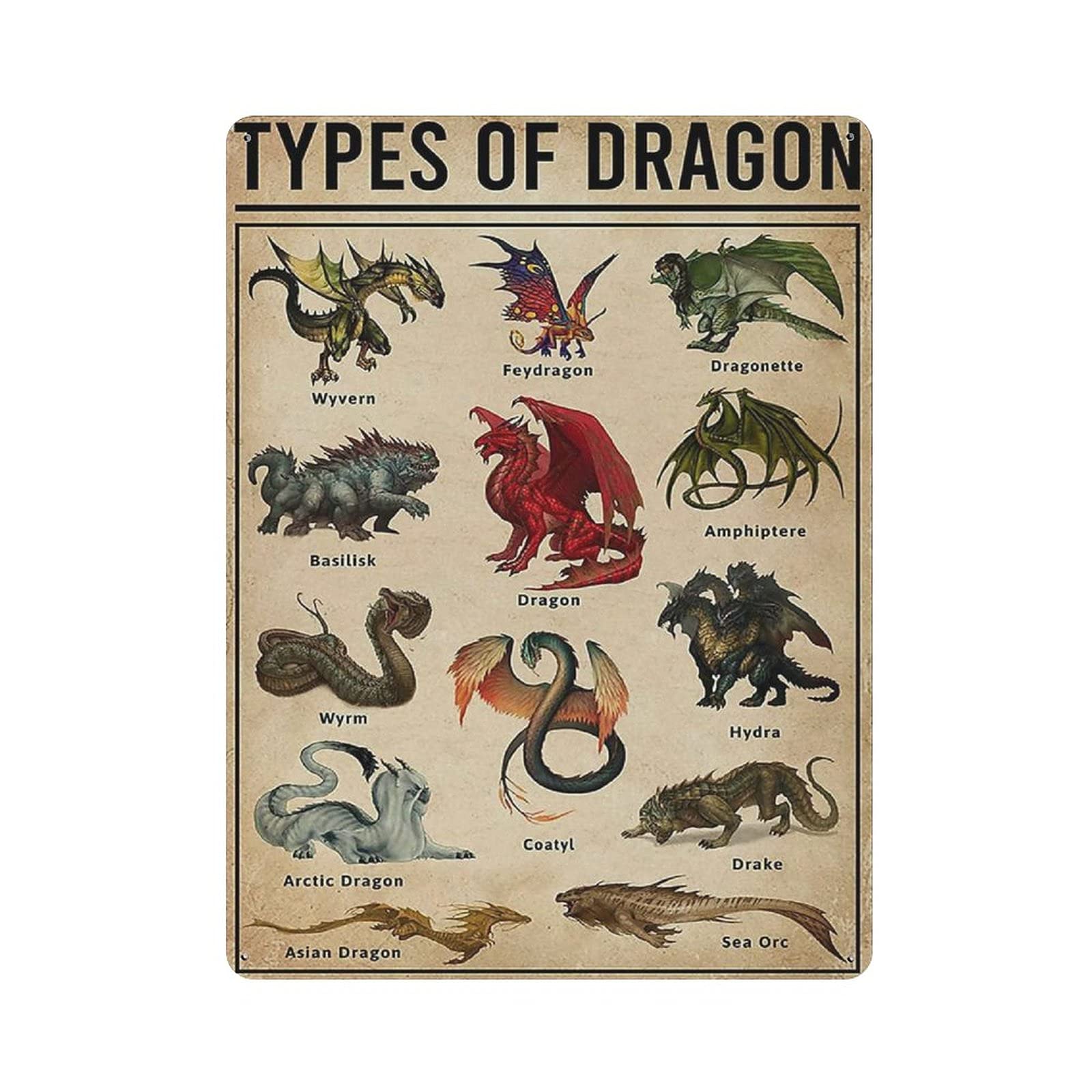 Metal Tin Sign Type of Dragon Knowledge Vintage Tin Poster Metal Sign Wall Decoration Country Kitchen Home Garage Decor 16"x12"