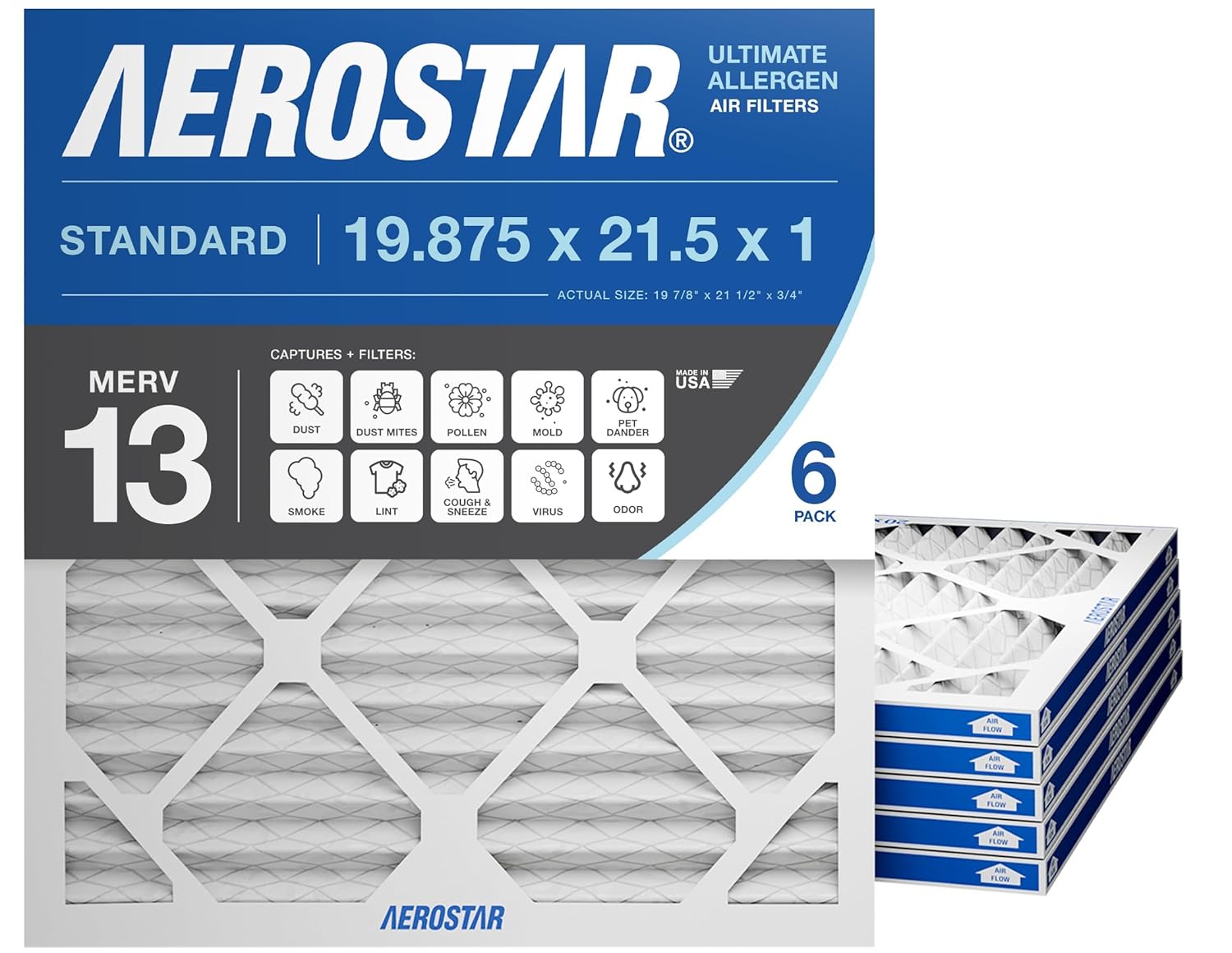 Aerostar 19.875x21.5x1 MERV 13 - 6 Count - Pleated HVAC, Furnace & Air Conditioner Filters - For Bacteria, Dust, Cold & Flu Germs, Lint, Mold, Pet Dander, Allergy-Causing Pollen, Smog, Smoke & Viruses