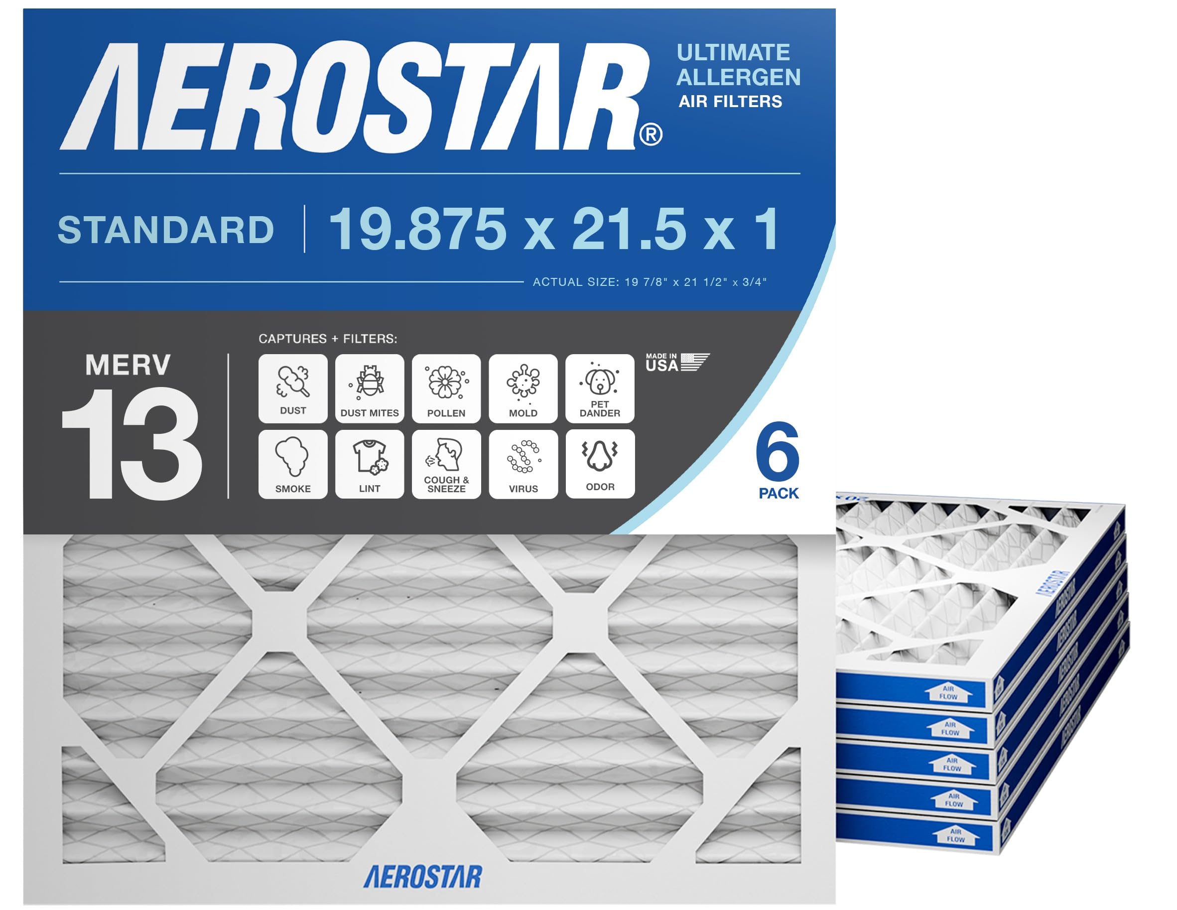 Aerostar 19.875x21.5x1 MERV 13 - 6 Count - Pleated HVAC, Furnace & Air Conditioner Filters - For Bacteria, Dust, Cold & Flu Germs, Lint, Mold, Pet Dander, Allergy-Causing Pollen, Smog, Smoke & Viruses