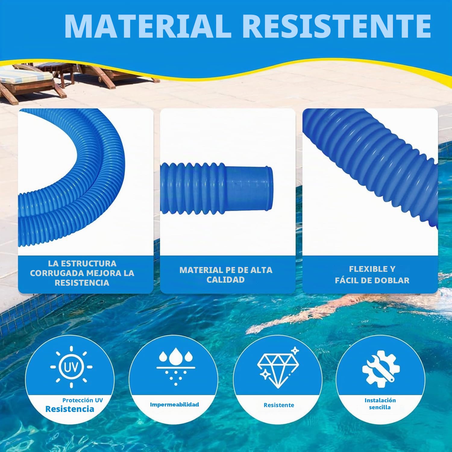 2 Piezas Manguera Piscina 32mm,150CM Tubo Piscina con 4 Abrazaderas de Metal,Manguera de Repuesto para Piscina,Manguera de Filtro de Piscina,Manguera de Bomba de Piscina para Piscinas Elevadas,Spa