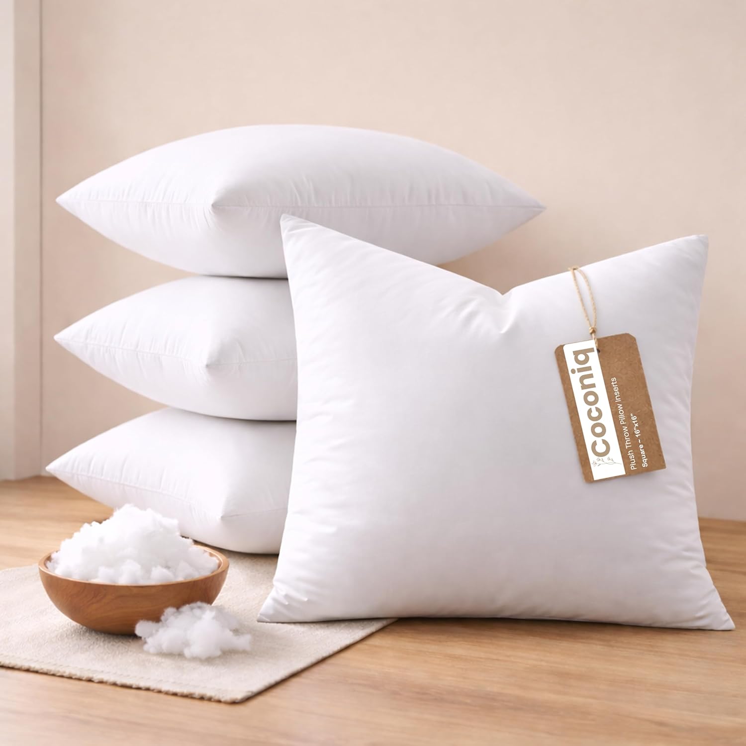 16x16 Throw Pillow Inserts Pack of 4, Fluffy Polyester Cushion Fillers, White Decorative Pillows for Couch, Bed & Living Room
