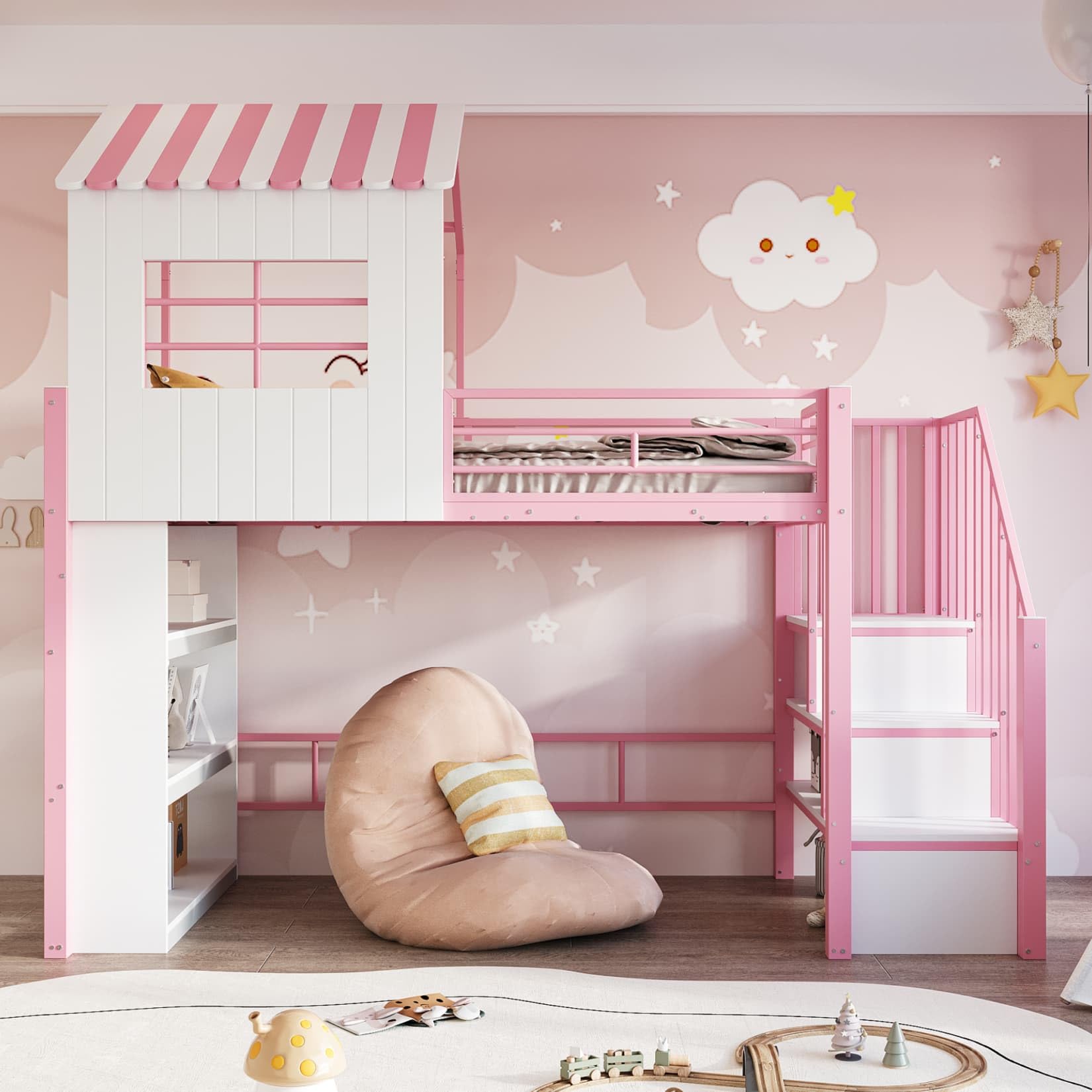 EURHCIO Lit Mezzanine 1 Place en Fer 90x200cm,Lit Cabane avec Escaliers de Rangement Réglable,3 Grandes étagères,Fenêtre,Barrières Surélevé,pour Garçons Filles Adolescents (Rose)