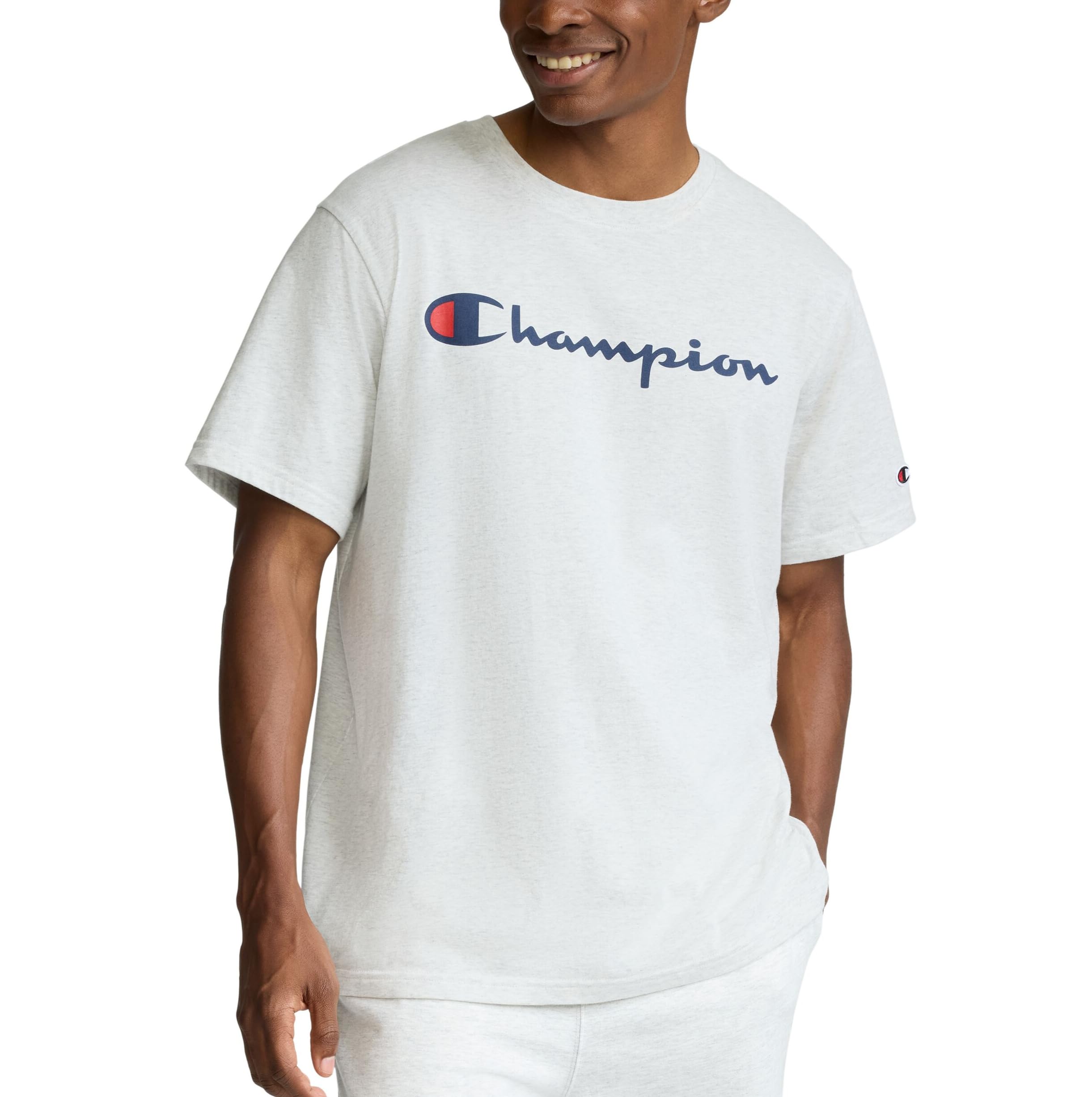Champion Men's Graphic Short Sleeve T-Shirt, Standard Fit, Classic Script Logo, Midweight 100% Cotton X-Large Platinum Silver Heather
