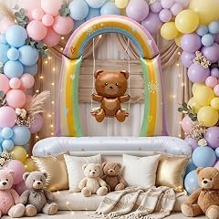 Atpata Funky 42inch Jumbo Foil Balloon - Baby Teddy Bear on Rainbow Swing with Self-Standing Base, Ideal for We Can Bearly Wait Baby Shower, Baby Welcome Decor, or Teddy Bear Birthday Party Decoration