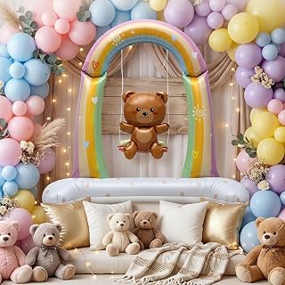 Atpata Funky 42inch Jumbo Foil Balloon - Baby Teddy Bear on Rainbow Swing with Self-Standing Base, Ideal for We Can Bearly Wait Baby Shower, Baby Welcome Decor, or Teddy Bear Birthday Party Decoration