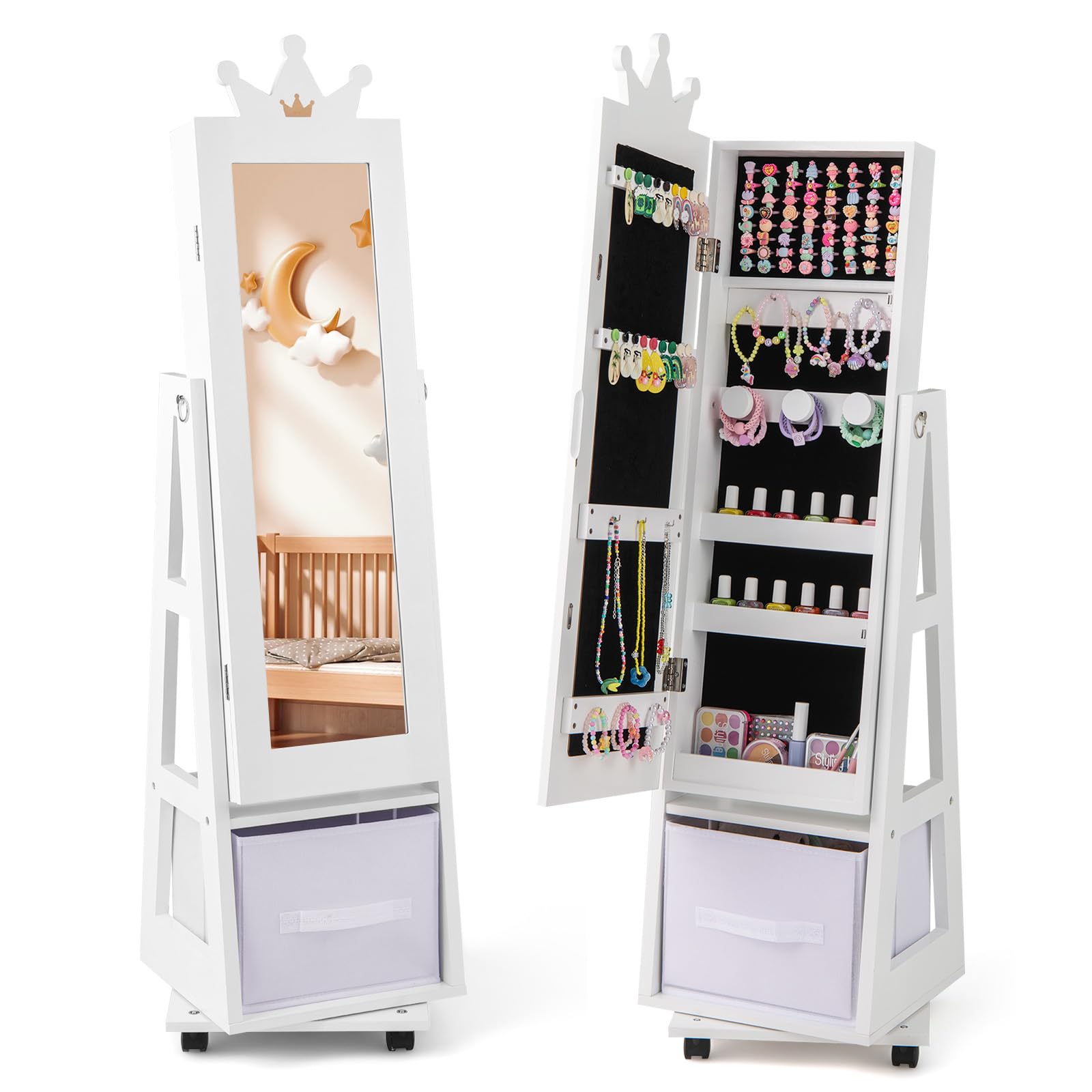GLACER Kids Jewelry Armoire Cabinet, Standing Children Jewelry Organizer with Full-Length Mirror, Foldable Drawer, Anti-toppling System, Kids Vanity Dress Up Mirror Jewelry Cabinet for Girls (White)