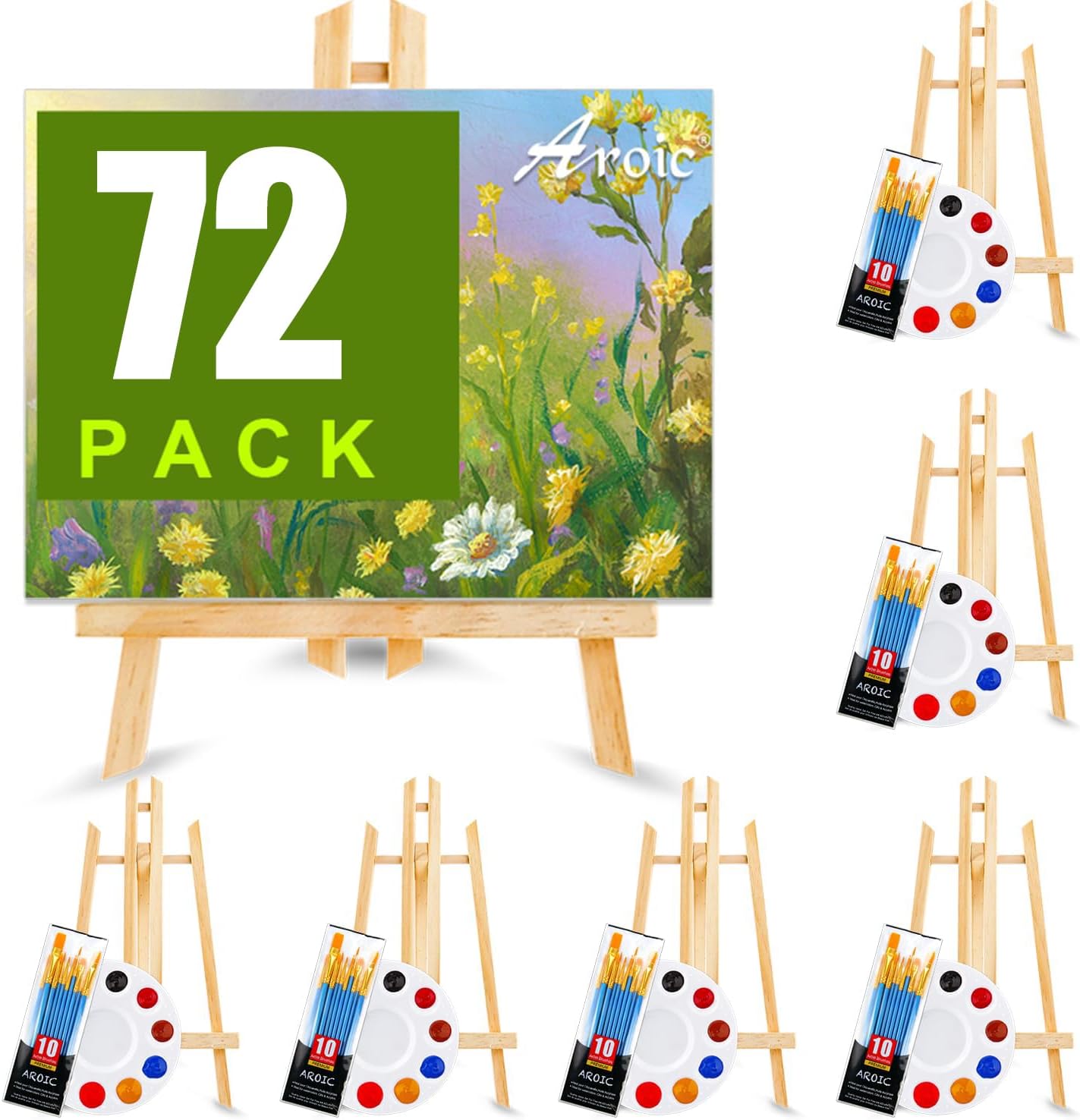 AROIC 72 PCS Professional Painting Set with Easels, 6 PCS Wood Easels,6 Packs of 60 Brushes with Nylon Brush Head and 6 pcs Palettes, Painting Supplies kit for Kids & Adults to Painting Party.