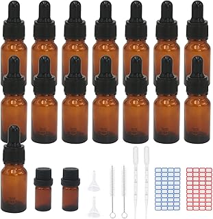 15Pcs Dropper Bottle,10ml Amber Glass Bottles with Glass Eye Droppers,2Pcs Droppers 2ml，2Pcs Graduated Droppers with Golden Caps 80 Lables 2 Detail Brushes Funnels for Essential Oils Perfume (10ml)