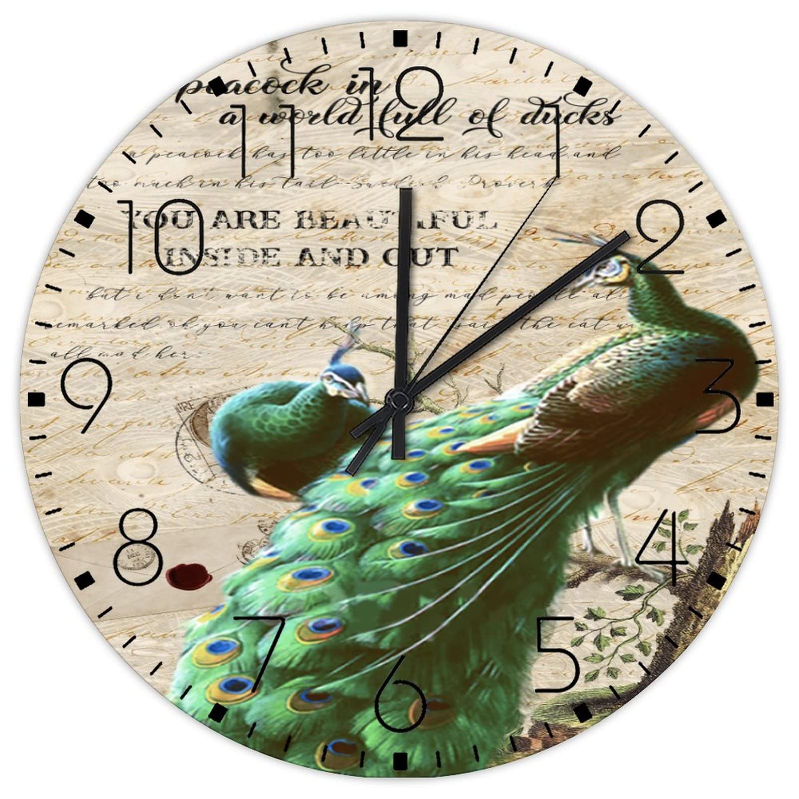 Horloge murale en bois sans tic-tac paon vintage et silencieuse