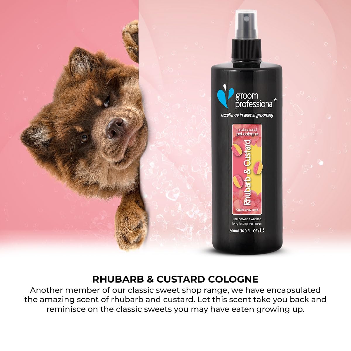 GROOM PROFESSIONAL Rhubarb & Custard Hundeparfüm - Hundeparfüm-Spray - Frisches Duftspray für Hunde Gegen Geruch - Erinnert an ein Klassisches Bonbon - Langanhaltender Duft, 500ml