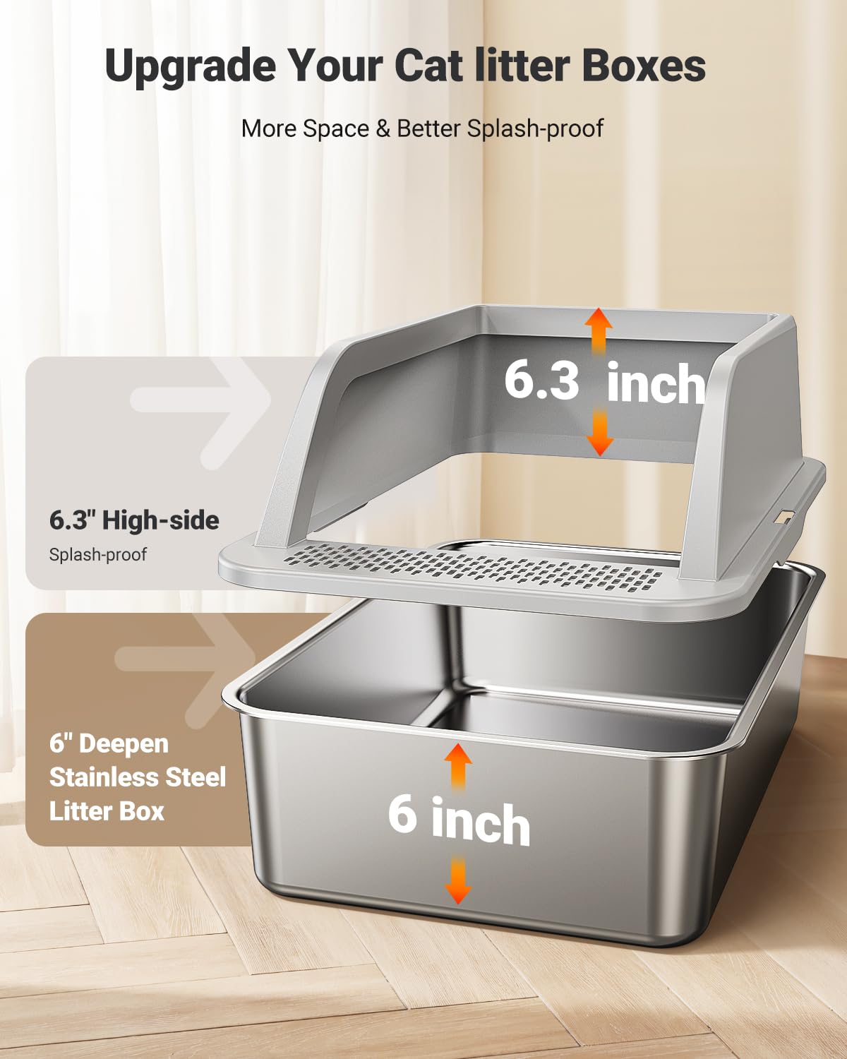 PEDIBAT XL Stainless Steel Litter Box, Extra Large Metal Cat Litter Box with High Sided for Big Cats, Enclosed Litter Boxed with Lid, Easy-Clean Cat Litter Mat & Scoop Kit, Anti-Urine Leakage (Grey) - image 3