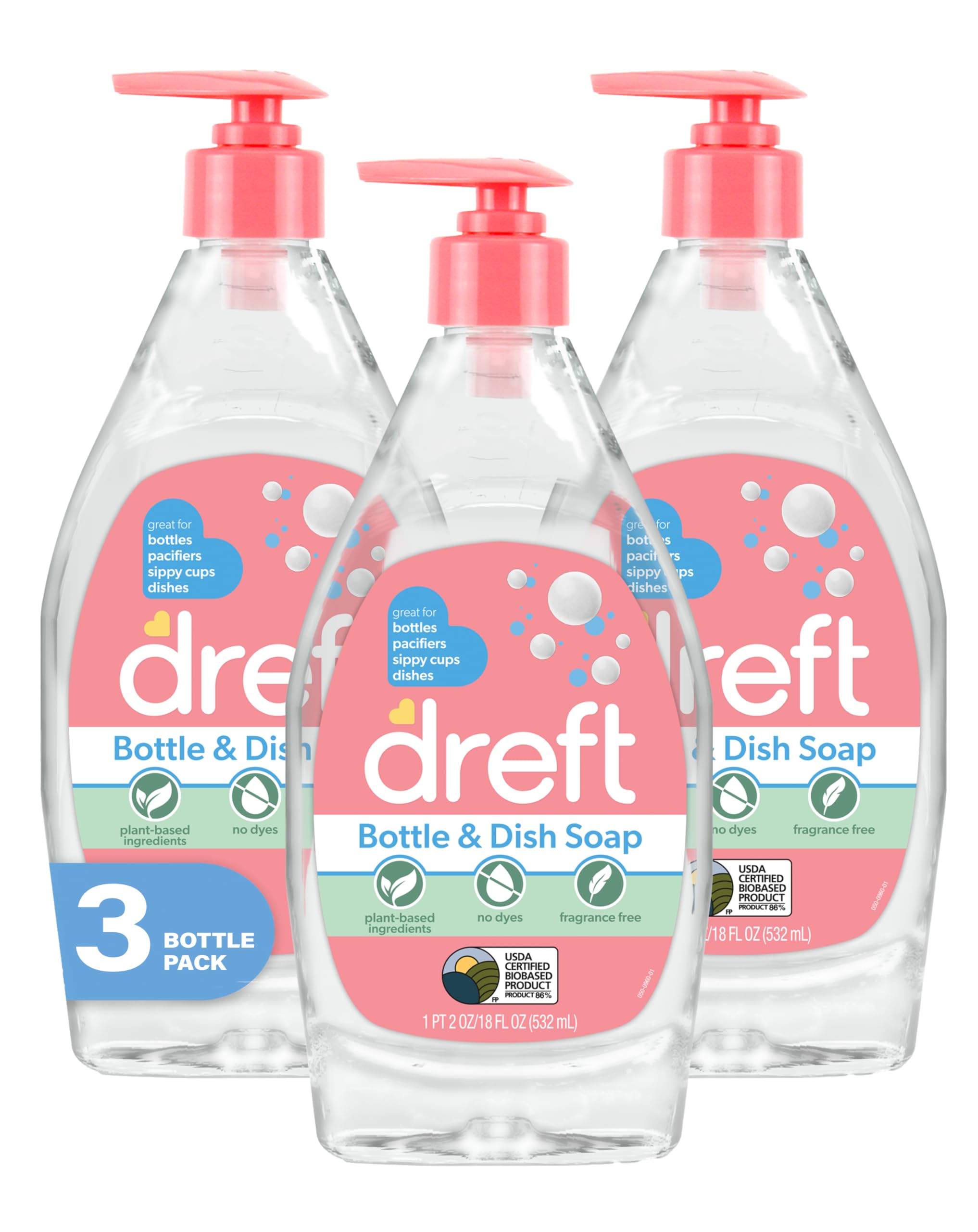DREFT Bottle and Dish Soap | Made to Clean Baby Bottles, Sippy Cups, Pacifiers, Breast Pumps, & More | Gently Removes Milk Film & Odors | Plant Based, Fragrance Free Dish Soap | 18 Fl Oz (Pack of 3)