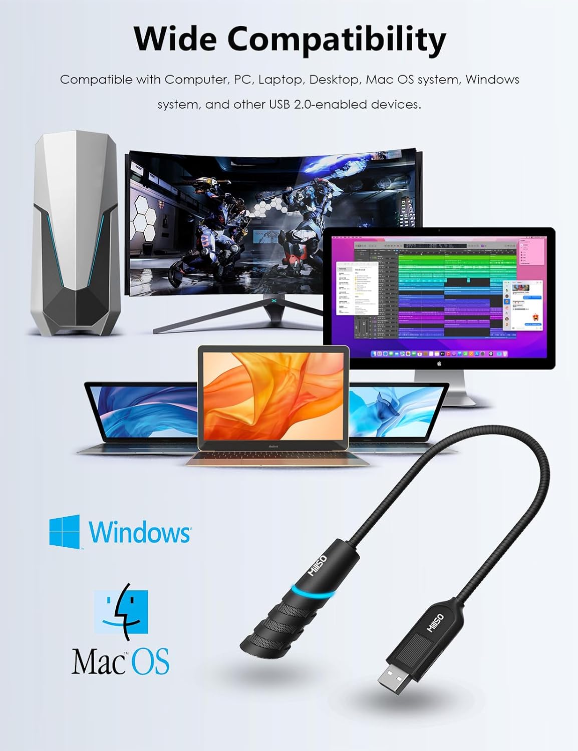 MillSO USB Microphone for PC and Laptop, Portable Gooseneck USB Computer Microphone Mute/Noise Reduction/Omnidirectional External Microphone for YouTube, Streaming, Recording, Gaming