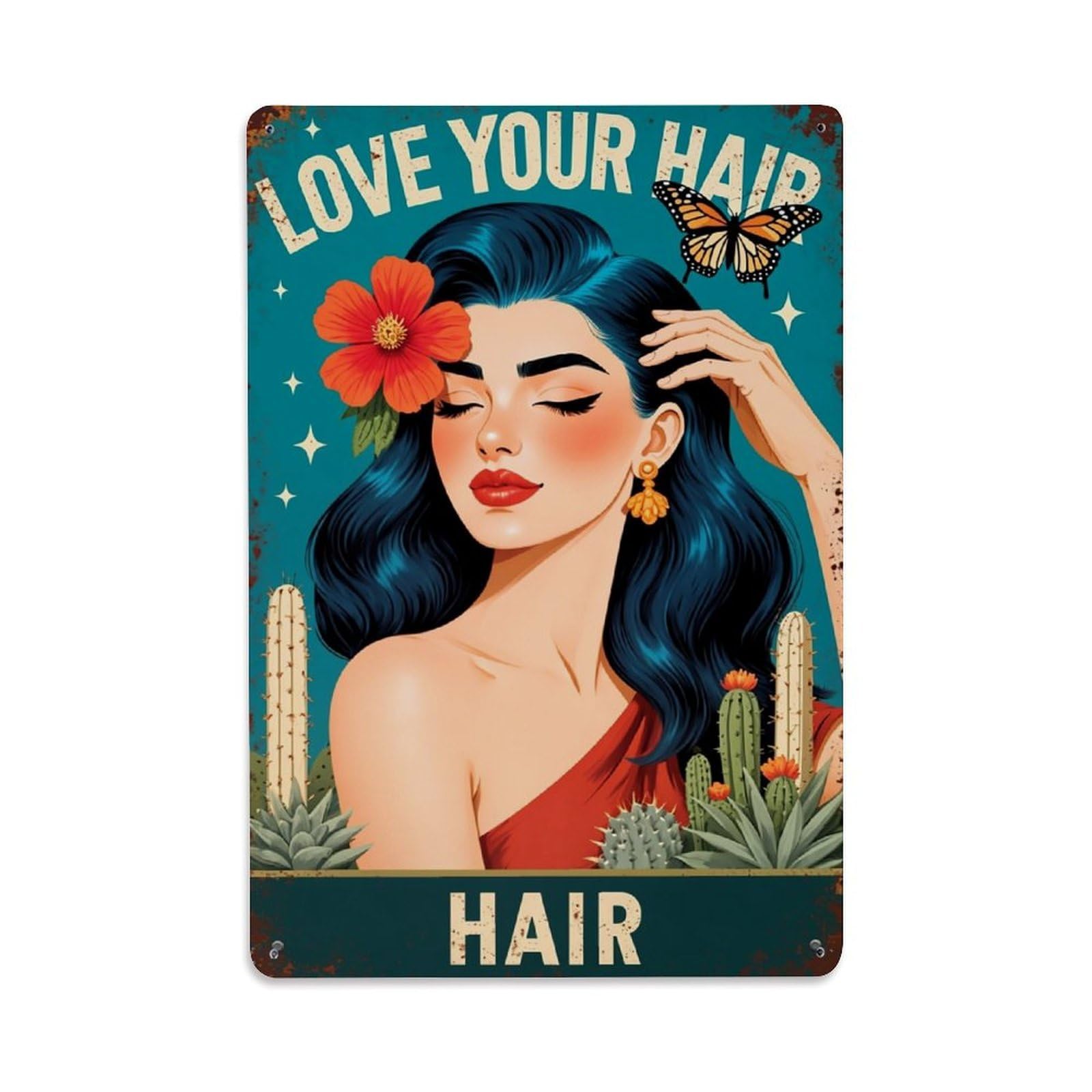 Jdfenggu Vintage Floral Hair Cactus Butterfly Retro Metal Tin Sign, Decor Art Poster For Bar, Home, Man Cave, Kitchen, Laundry Room Gift 8X12inch