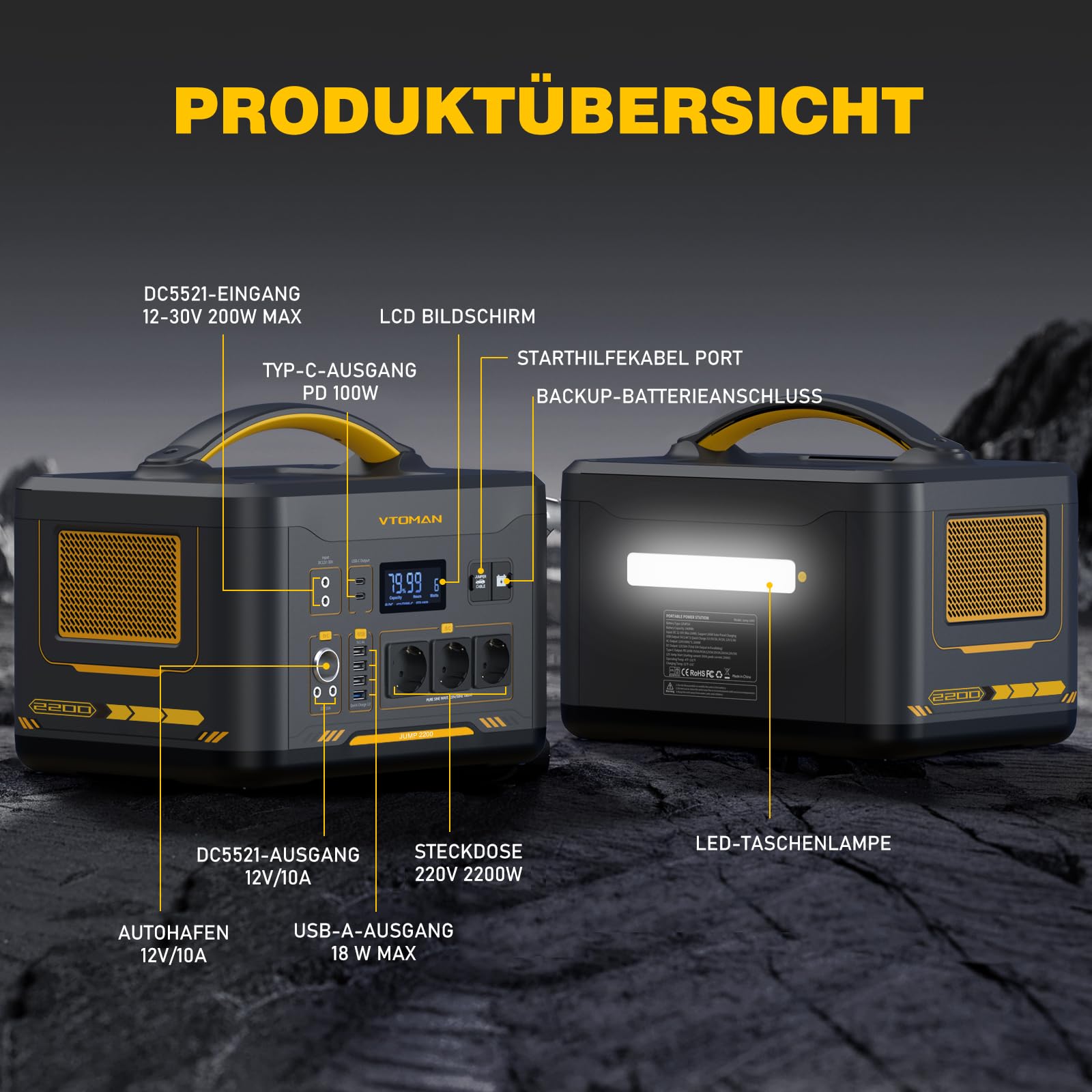 VTOMAN Jump 2200 Tragbare Powerstation mit 200W Solarpanel - 2200W/1548Wh | LiFePO4 Batterie Solar Stromgenerator, Erweiterbare Kapazität auf 3096Wh für Camping, Reisen, Wohnmobil, Stromausfälle
