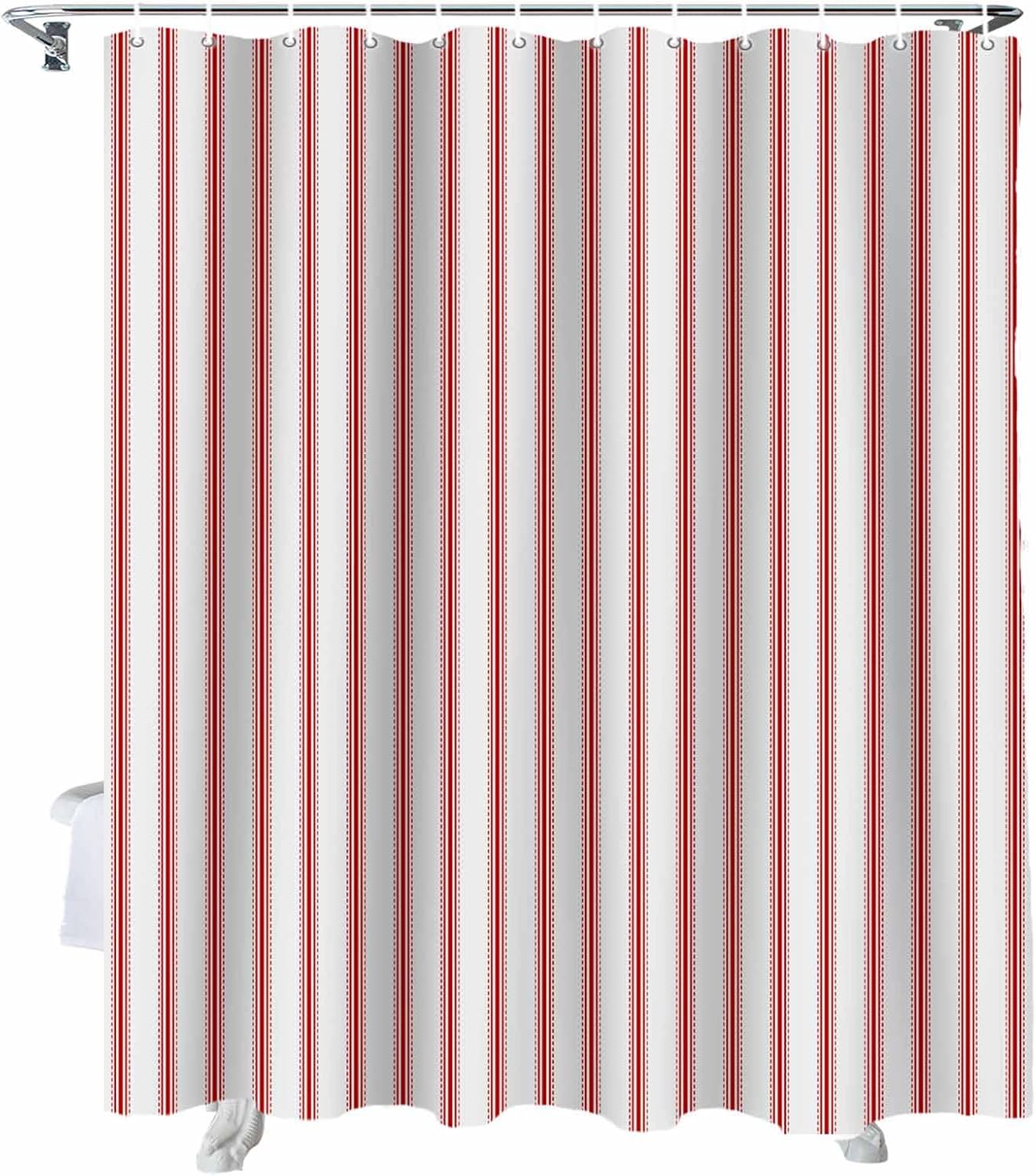 Red Striped Shower Curtain with 12 Hooks Red White Stripes Farmhouse Waterproof Fabric Shower Curtains Sets for Bathroom Bath Decorations, Machine Washable, 60"x72"