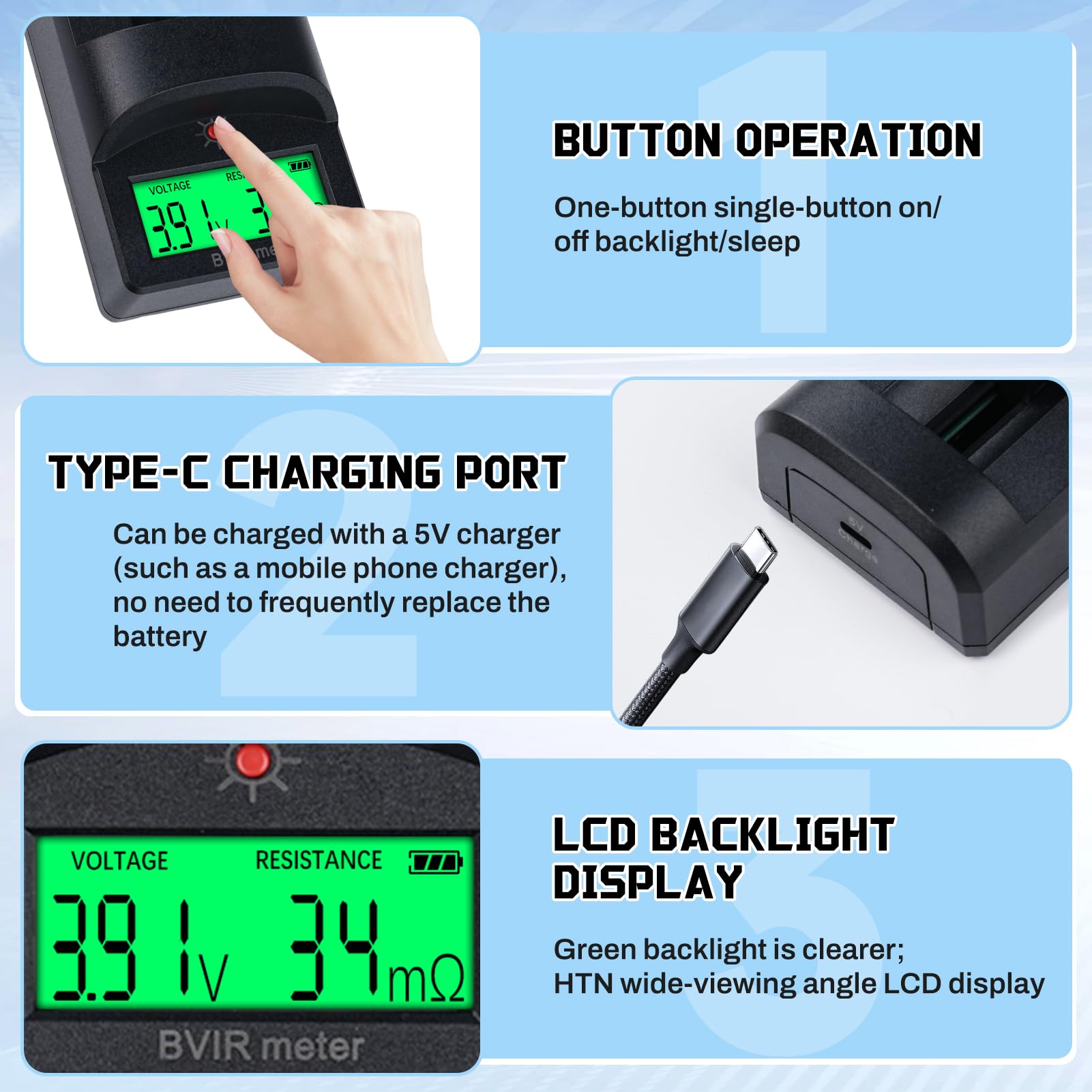 DEWIN Tester di resistenza interna della batteria,Tester di tensione e resistenza interna per batterie al litio Tester Batteria Applicabile a batterie al litio, al piombo, al carbone,ecc.