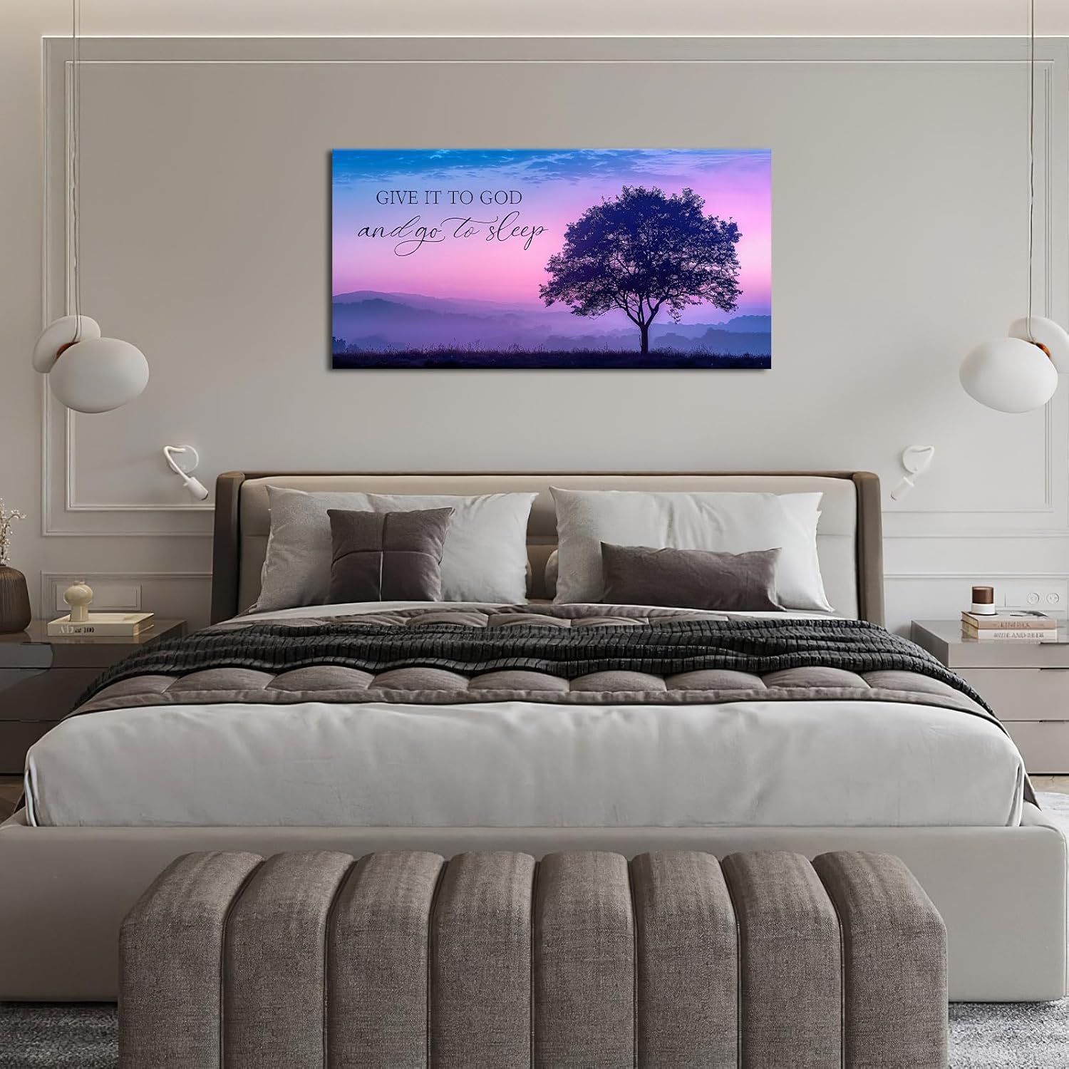 Give it to God and Go to Sleep Sign Wall Art Large Bedroom Wall Decor Christian Oversize Canvas Prints Painting Purple Tree Bathroom Pictures Framed Artwork Gifts Living Room Decorations 60"x30"