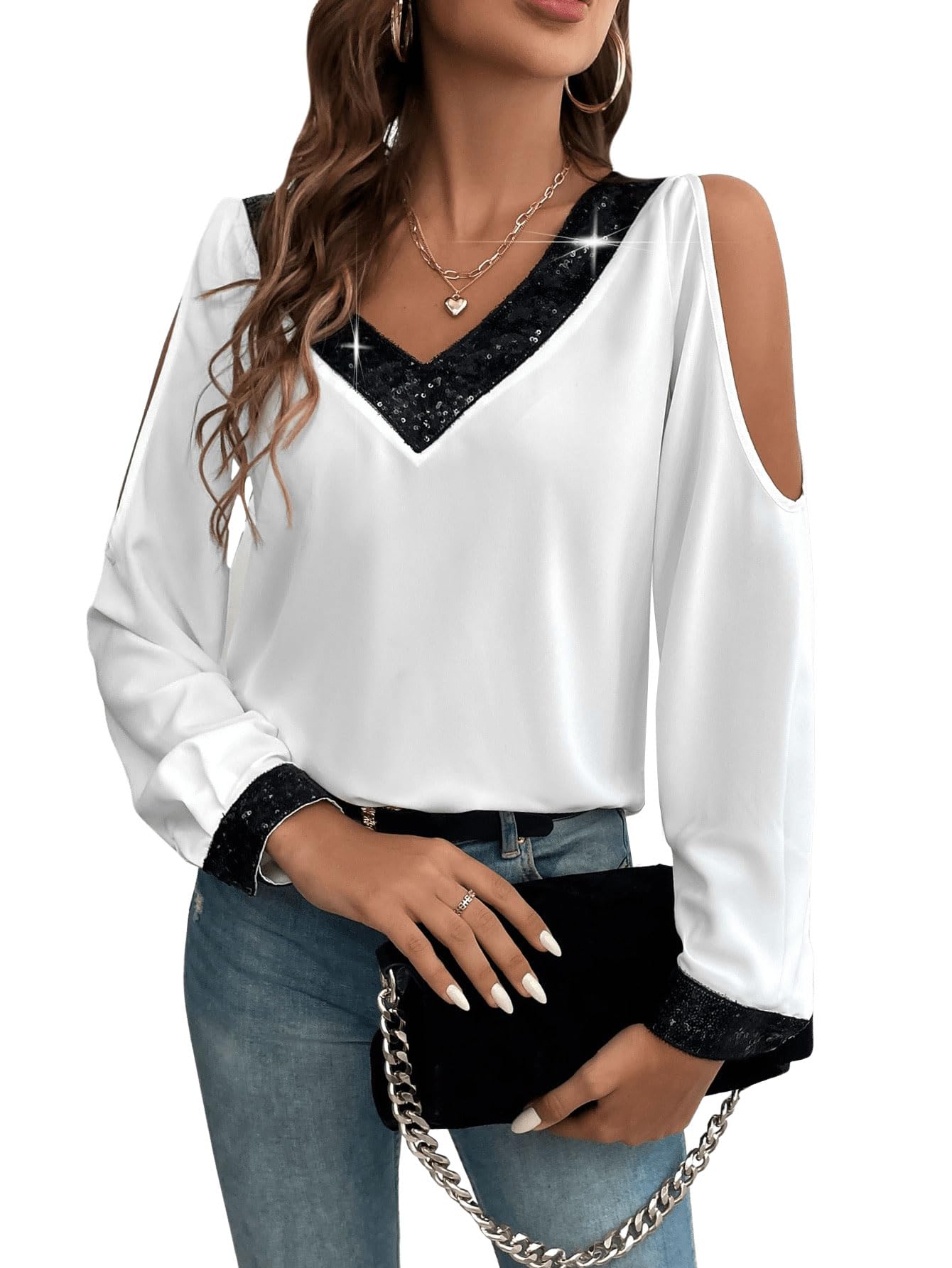 GORGLITTER Blusa elegante de manga larga para mujer, con lentejuelas, hombros descubiertos, túnica, manga larga, blusa de gasa, cuello en V