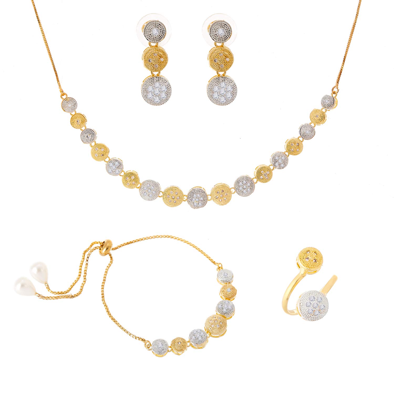 KENNICE Gold-Plated American Diamond Necklace with Earrings, Bracelet and Ring Jewellery Set for Girls and Women (B09PBBP72N) Amazon Price History, Amazon Price Tracker