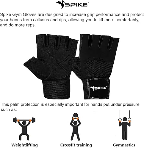Miniatura 7 de SPIKE Guantes de gimnasio con agarre de muñeca y diseño de guante transpirable utilizados para levantamiento de pesas, dominadas, crossfit,