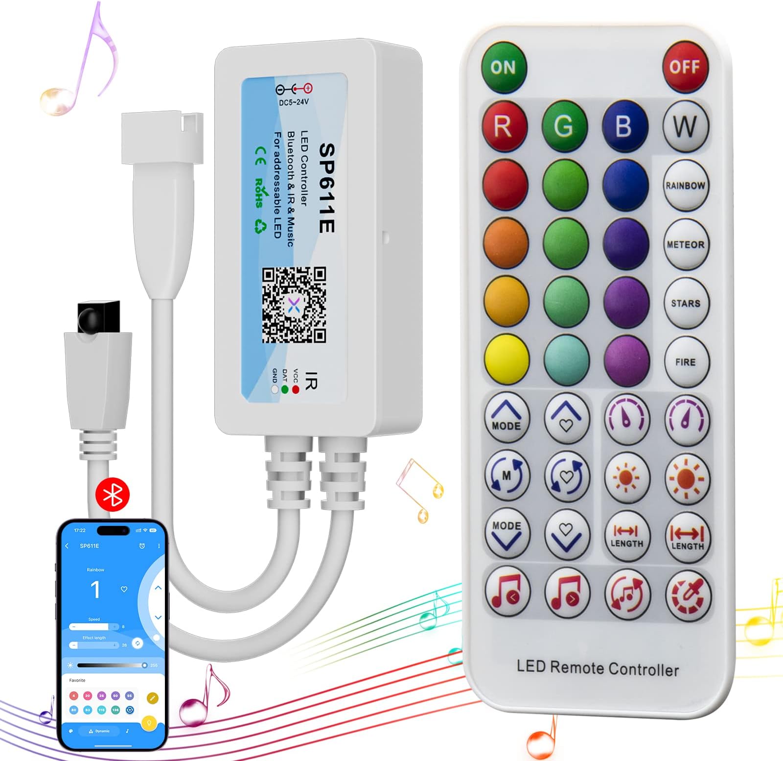 Bluetooth Music Pixel LED Smart Controller SP611E,for WS2811 WS2812 SM16703 Addressable Dream Color LED Strip Pixels Light DC5V-24V APP/IR Remote Control(NOT for RGB LED Strip without Smart IC)
