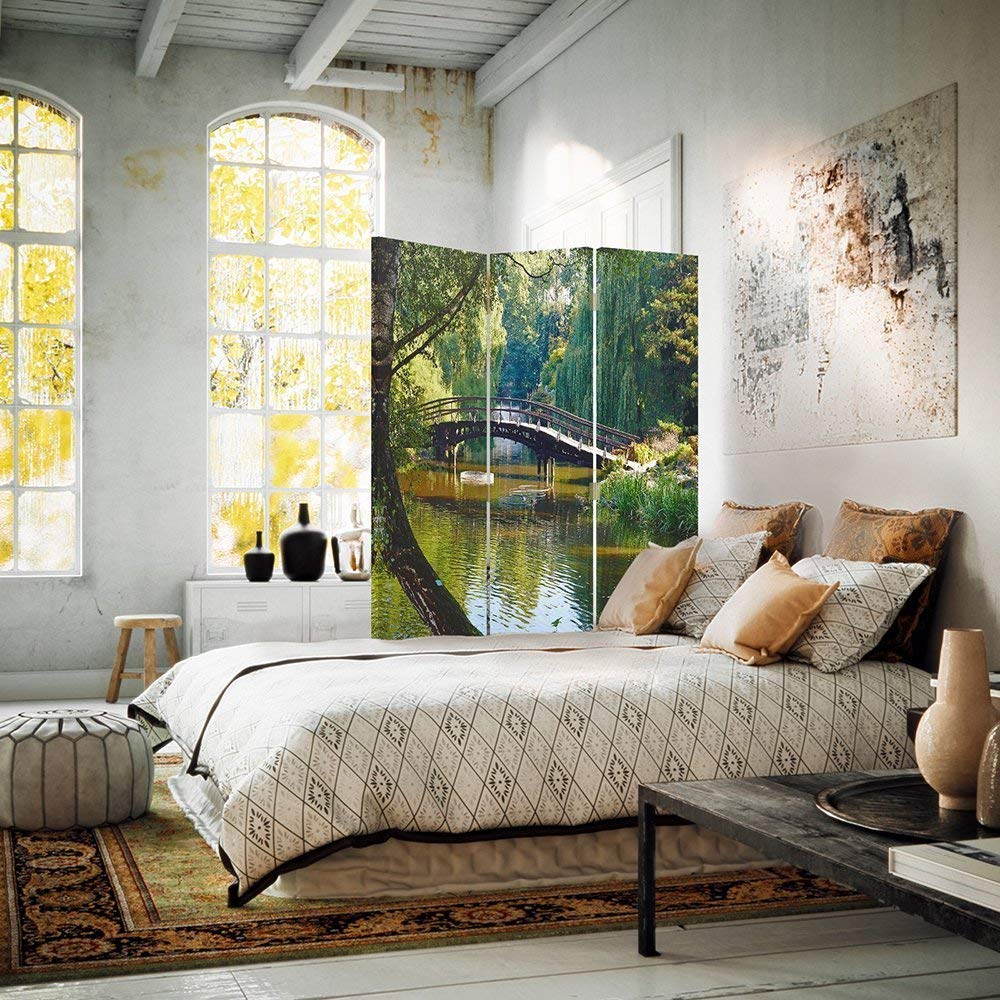 Feeby Paravent Lac 3 Panneaux 110x180 cm Une Seule Côté Cloison De Séparation Écran Pliant Paravent Interieur Décoratif Mur Espagnol Impression sur Toile Chambre d'enfant Salon Bureau Vert